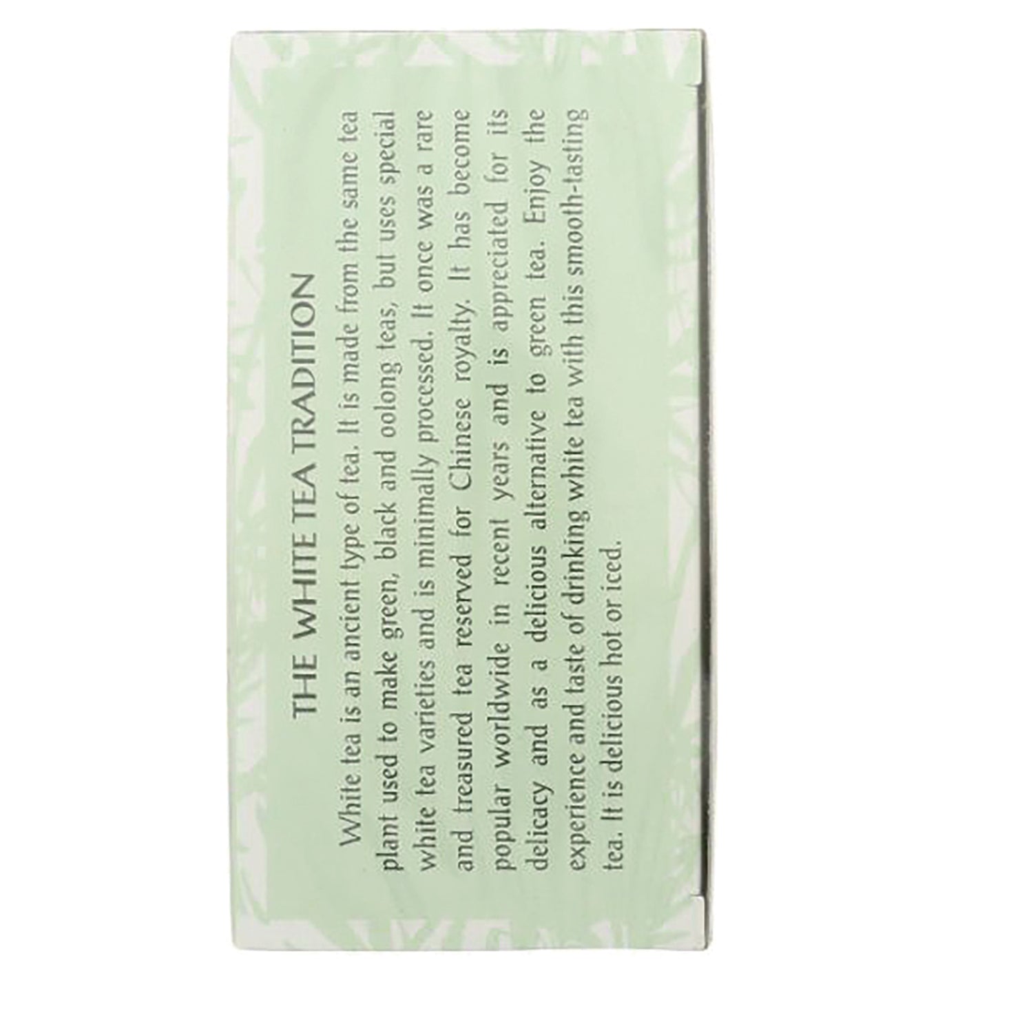 TLT007 | Back of white tea box showing 'THE WHITE TEA TRADITION' header and product story on light green panel