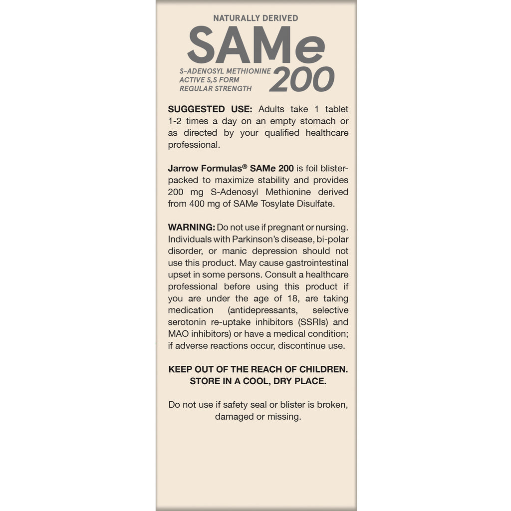 JR040 | back label of SAMe 200 supplement with suggested use, warning, and storage instructions - Thumbnail