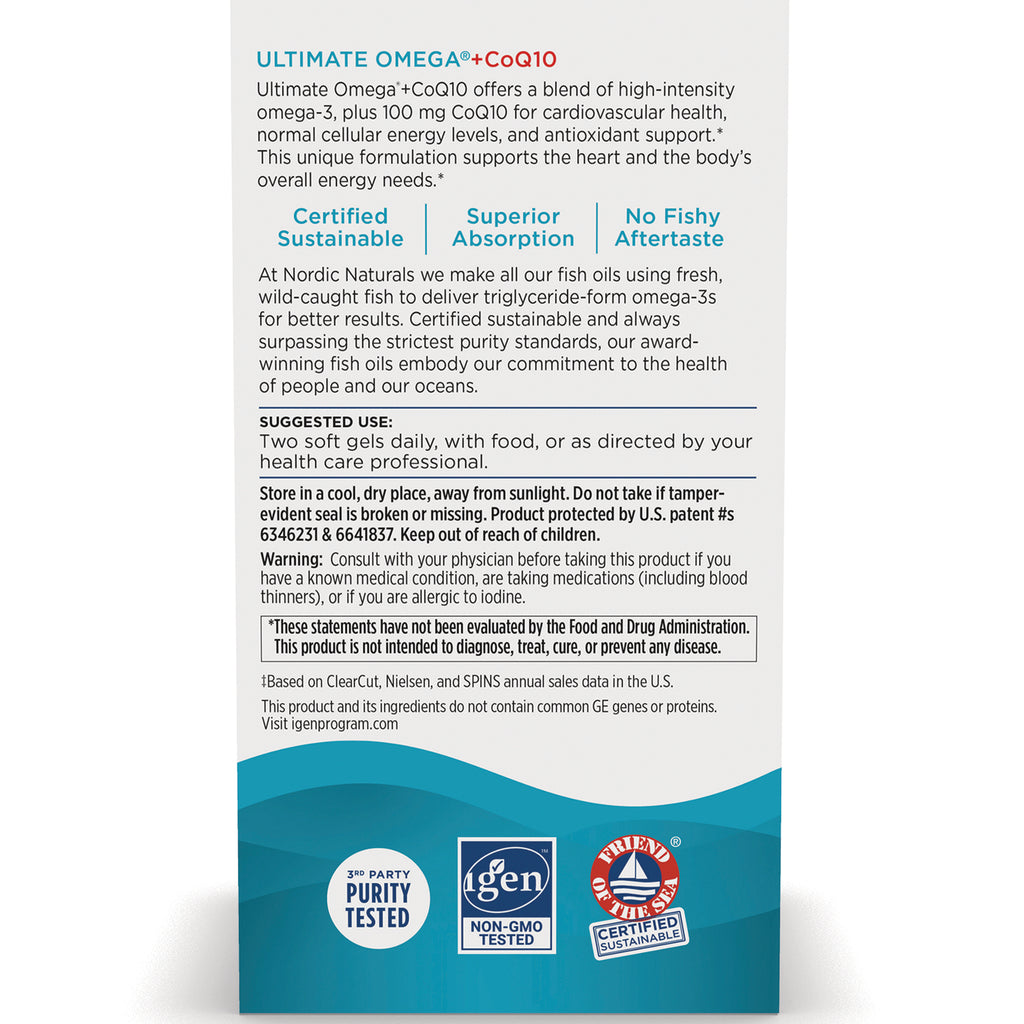 NRN051 | Back panel showing Ultimate Omega+CoQ10 supplement text with suggested use, warnings, and certification logos - Thumbnail