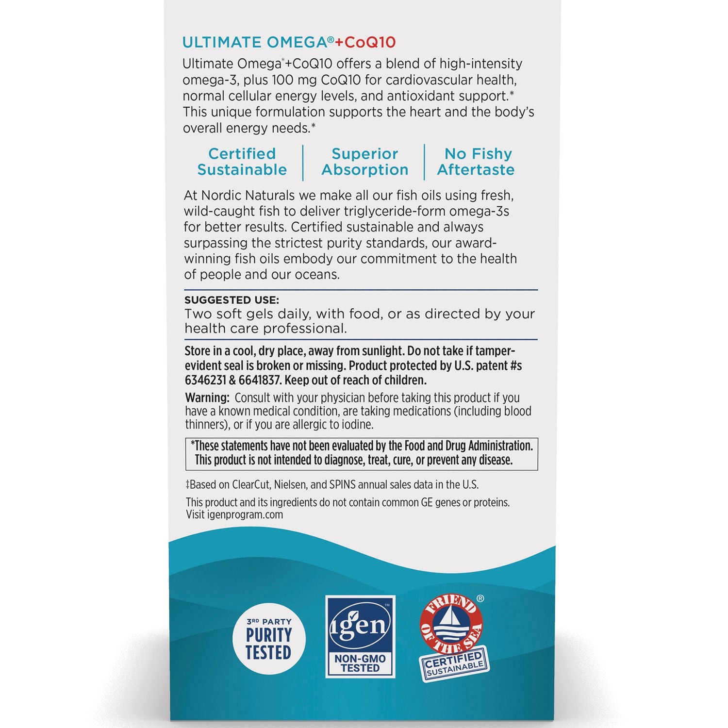 NRN051 | Back panel showing Ultimate Omega+CoQ10 supplement text with suggested use, warnings, and certification logos