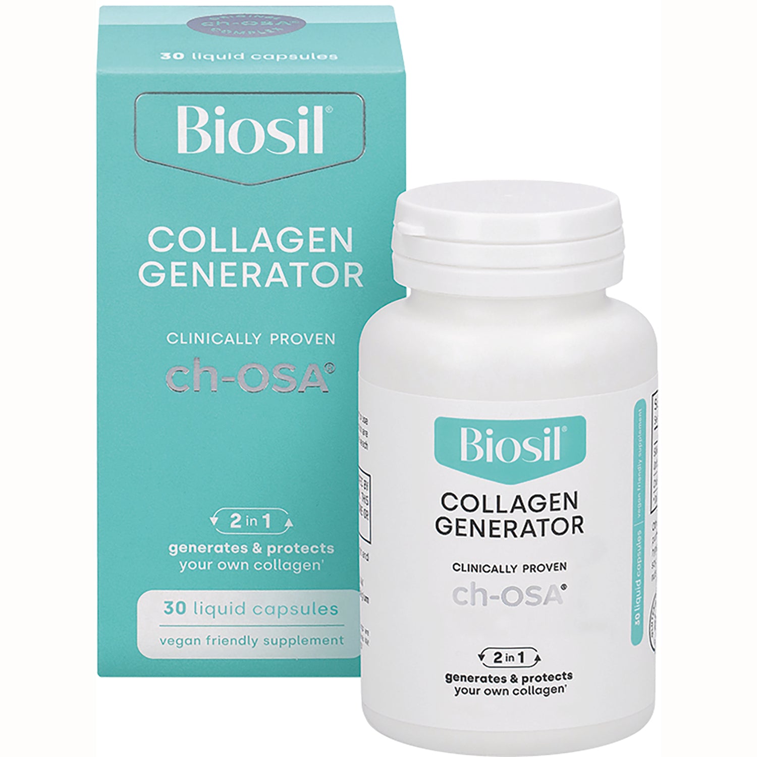 NFC207 | Biosil Collagen Generator bottle and teal box labeled ch-OSA 30 liquid capsules vegan friendly supplement