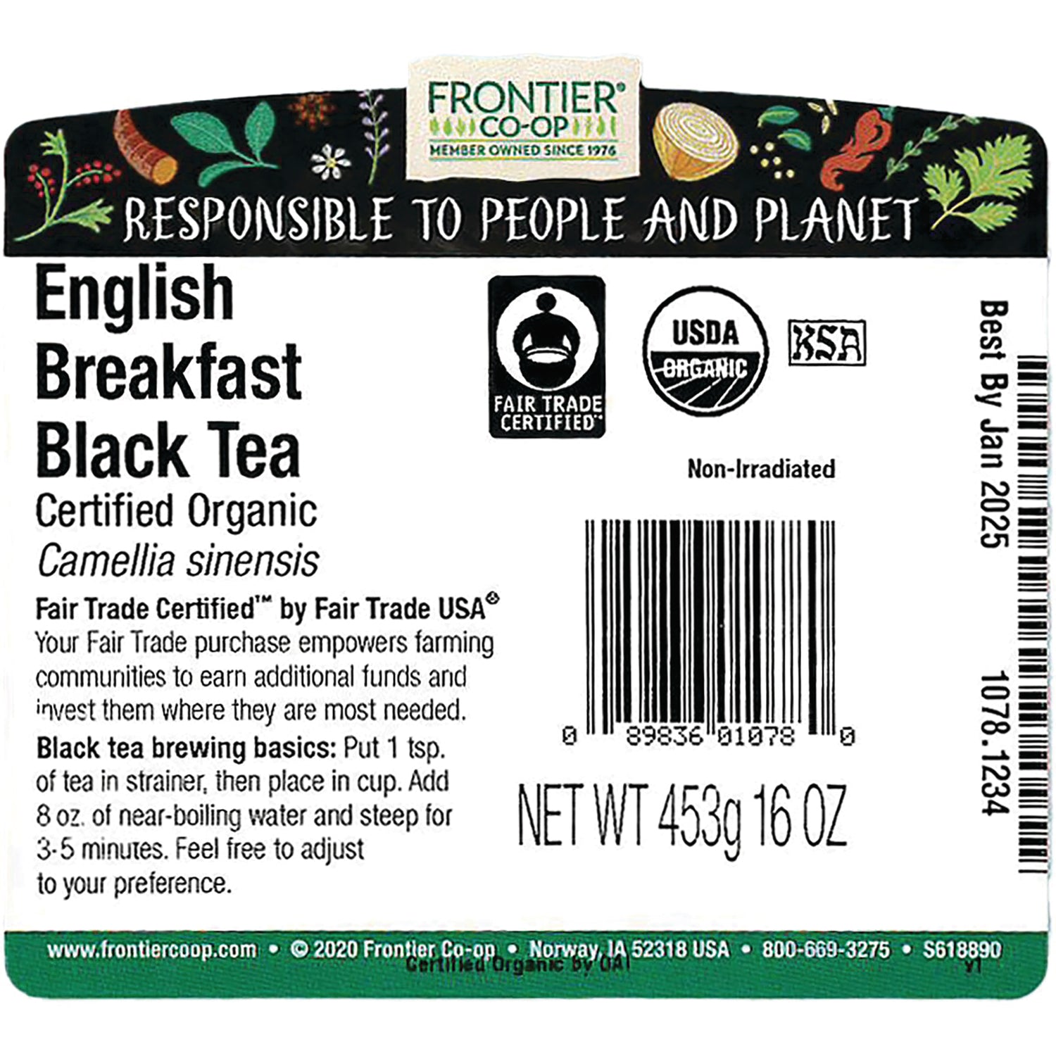 FNP026 | back label of Frontier Co-op English Breakfast Black Tea with certifications, barcode, brewing instructions, net wt 453g