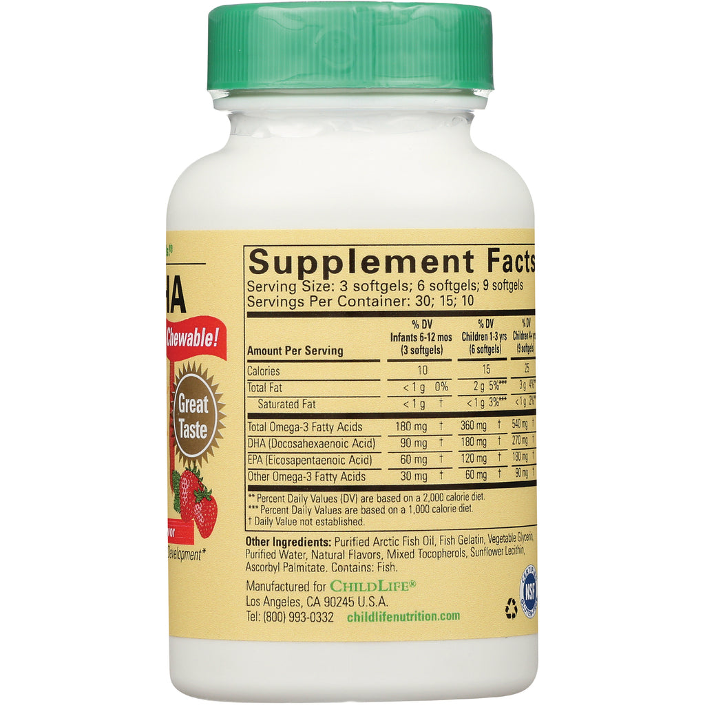 CHL008 | Supplement Facts panel and ingredients list on white bottle back with green cap and strawberry graphic - Thumbnail