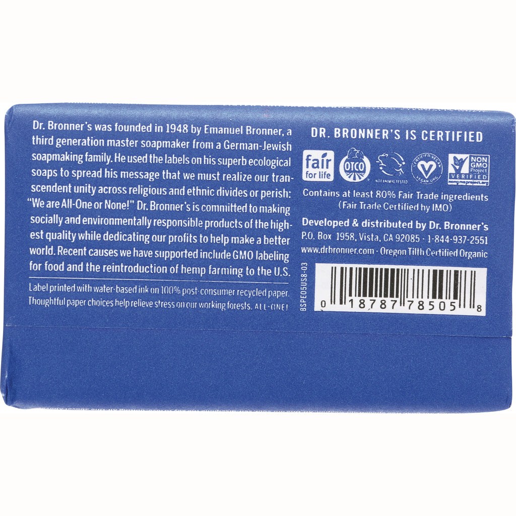 DRB004 | back of blue Dr. Bronner's soap wrapper showing certification logos, product text and barcode - Thumbnail
