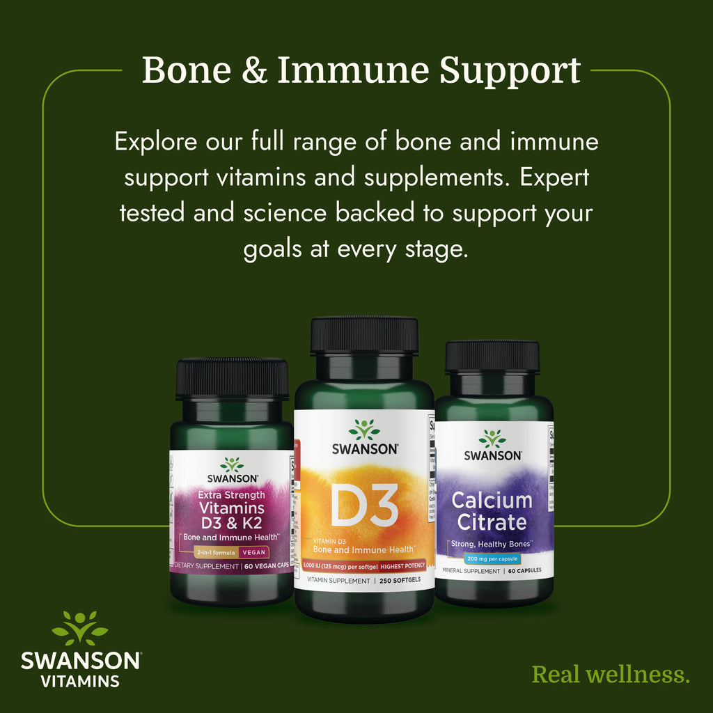 SW1371 | Swanson Vitamins bone and immune support infographic with D3, D3 & K2, and calcium citrate bottles - Thumbnail