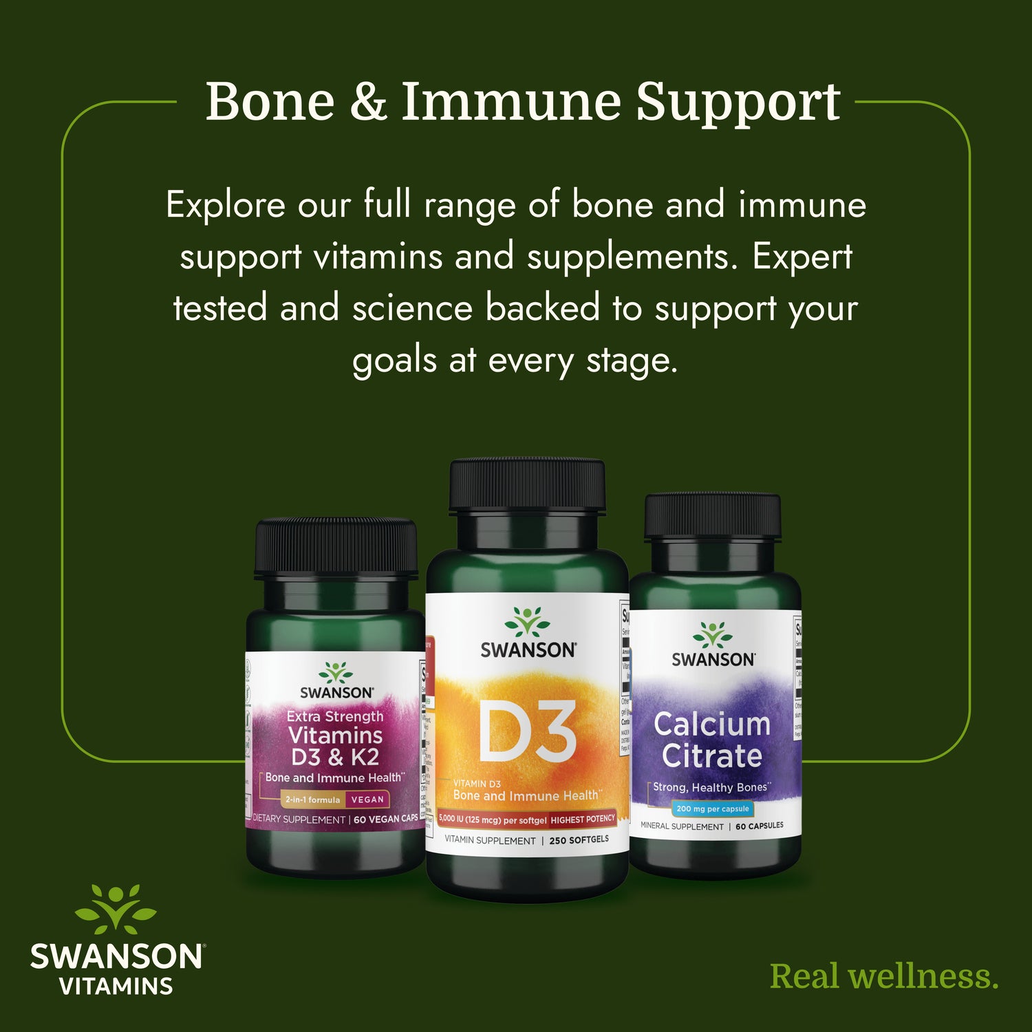 SW1371 | Swanson Vitamins bone and immune support infographic with D3, D3 & K2, and calcium citrate bottles