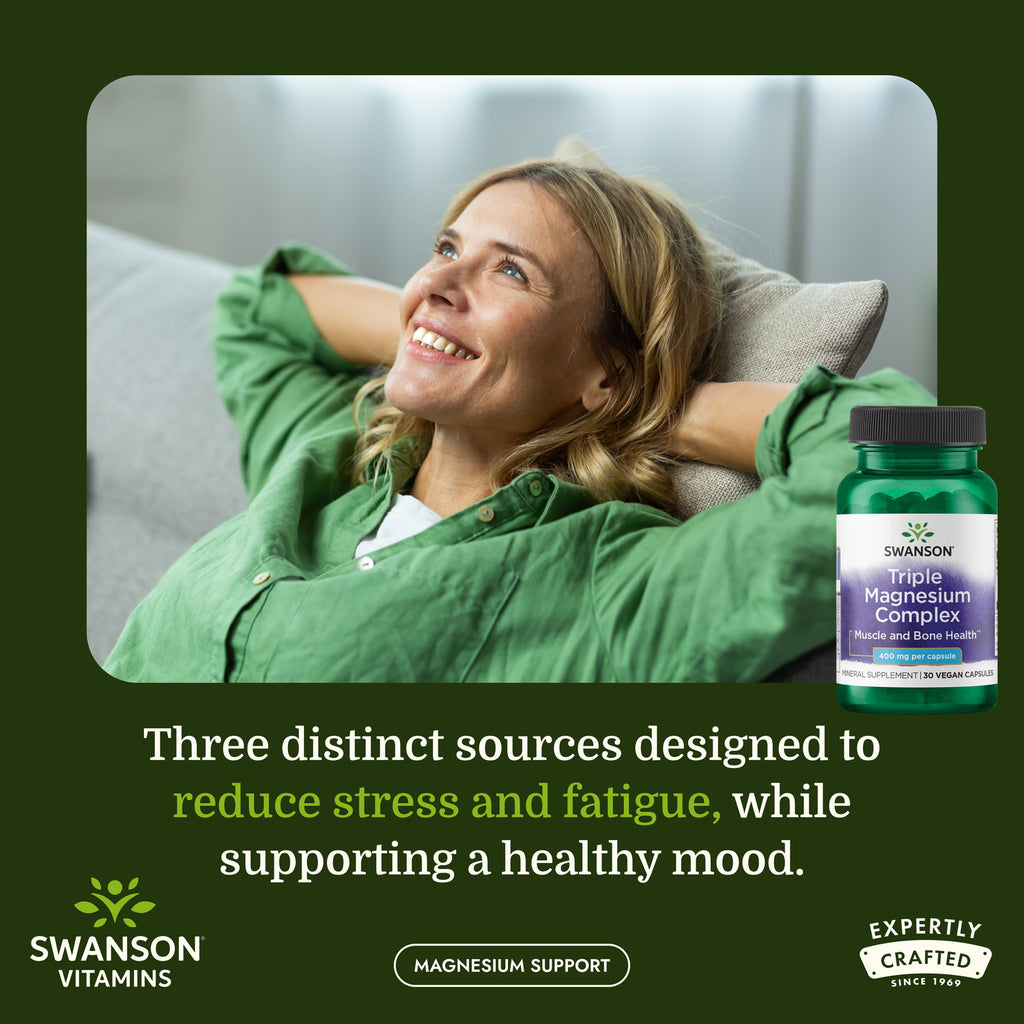 SW1243 | Woman relaxing on a couch beside Swanson Triple Magnesium Complex bottle with magnesium support message - Thumbnail