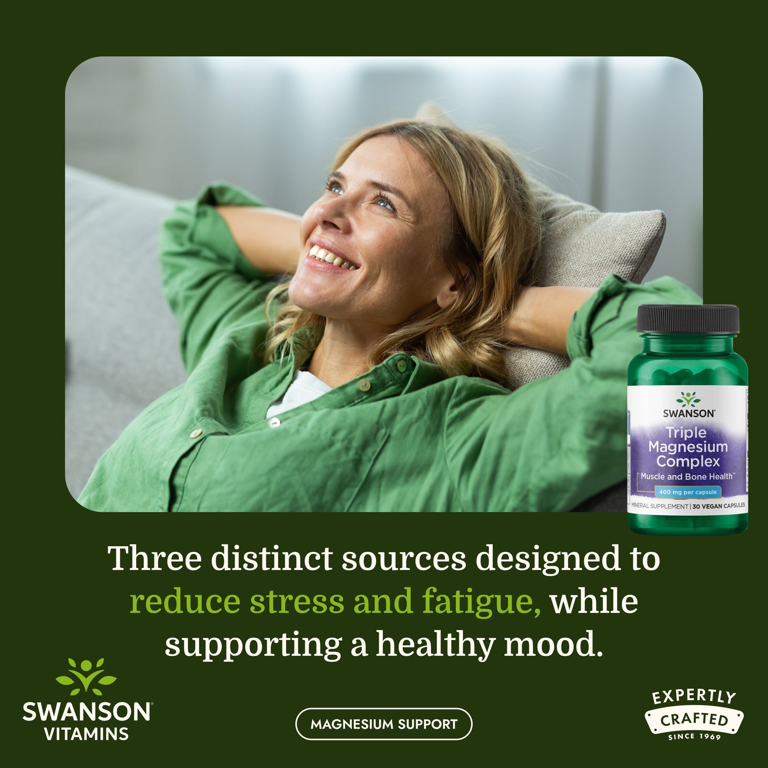 SW1243 | Woman relaxing on a couch beside Swanson Triple Magnesium Complex bottle with magnesium support message