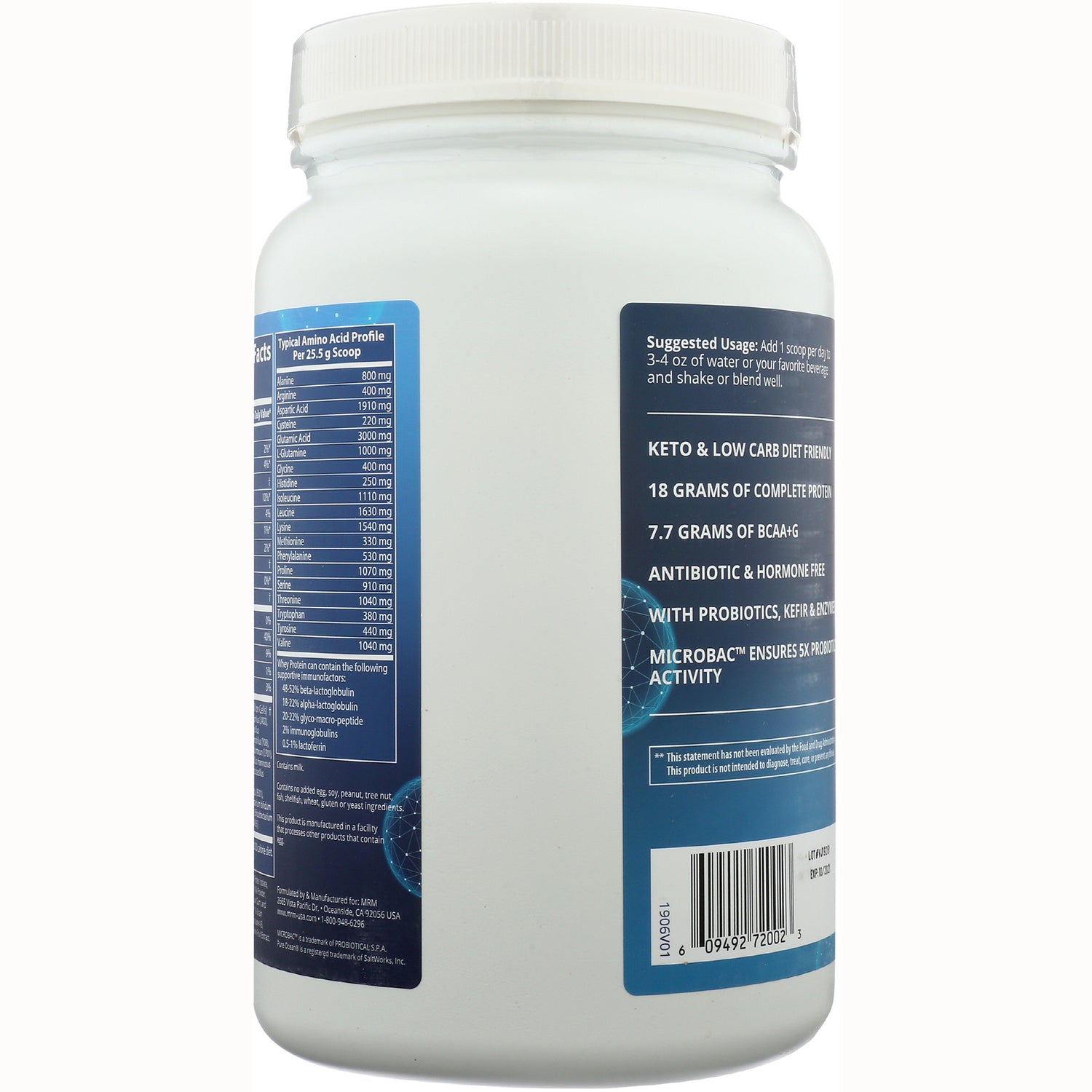 MRM004 | Back of white supplement tub showing nutrition facts, suggested usage, claims and barcode