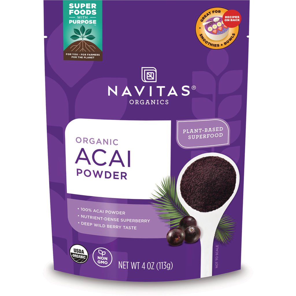 NAV038 | Navitas Organics purple pouch of organic acai powder with a spoon of dark purple powder, net wt 4 oz - Thumbnail