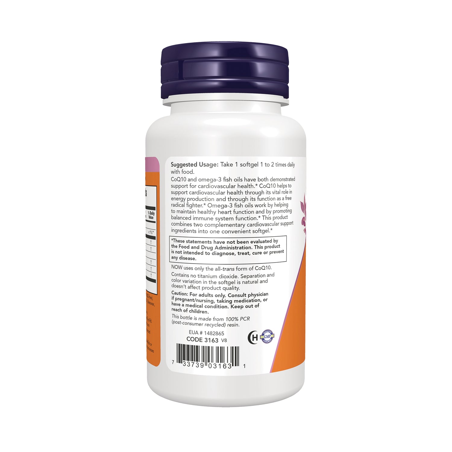 NWF042 | back label of white supplement bottle showing suggested usage, warnings and barcode