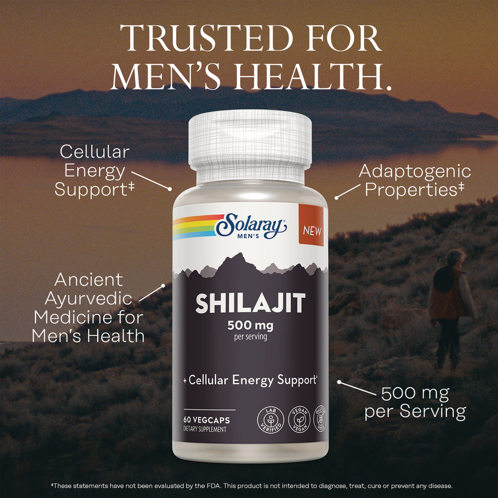 SLR534 | Solaray men's Shilajit 500 mg bottle with callouts for cellular energy support and adaptogenic properties - Thumbnail