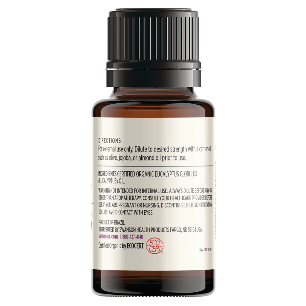 SWAR008 | Back label of eucalyptus essential oil bottle showing directions, ingredients, and warnings - Thumbnail