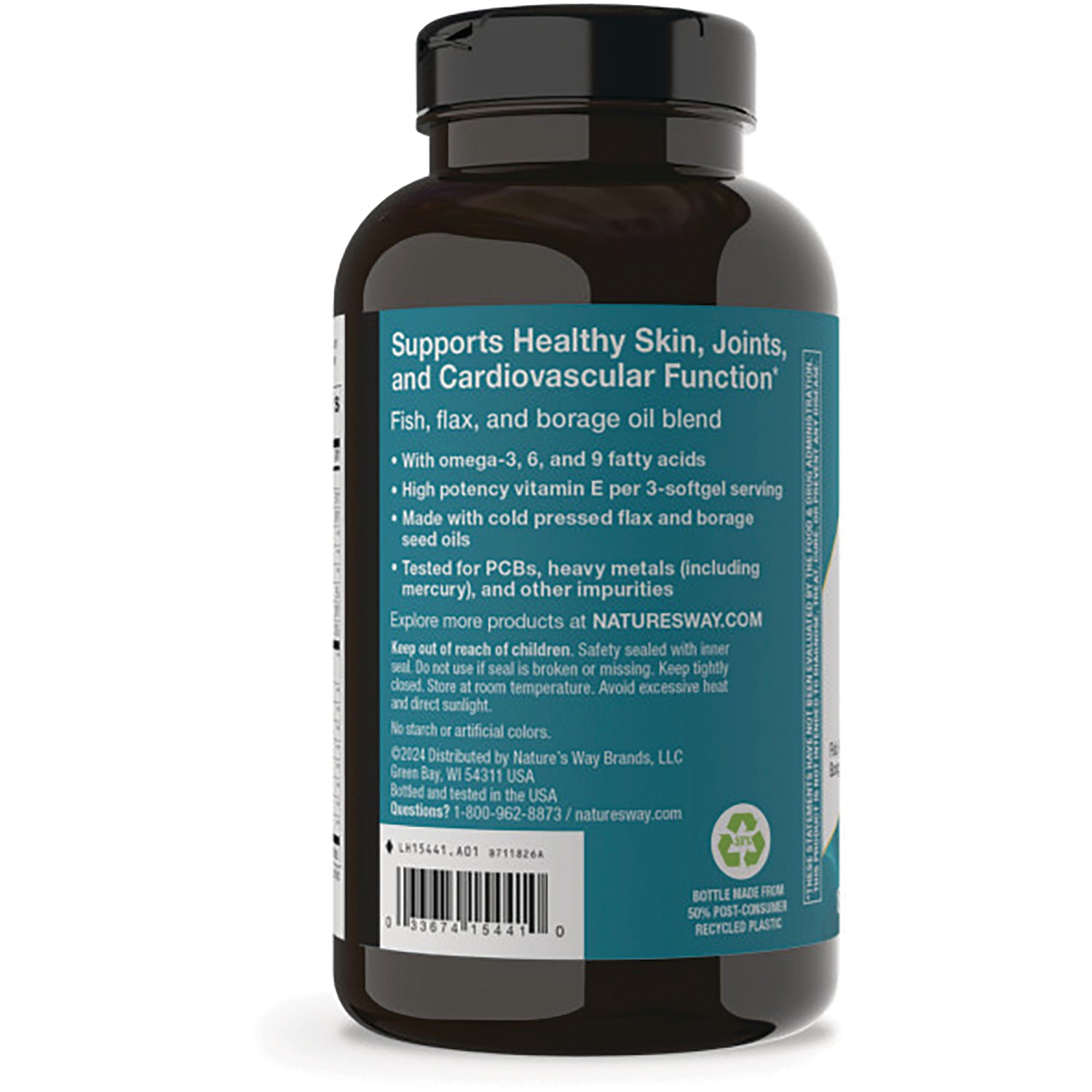 NW844 | back label of brown supplement bottle showing support claims, ingredient list and barcode