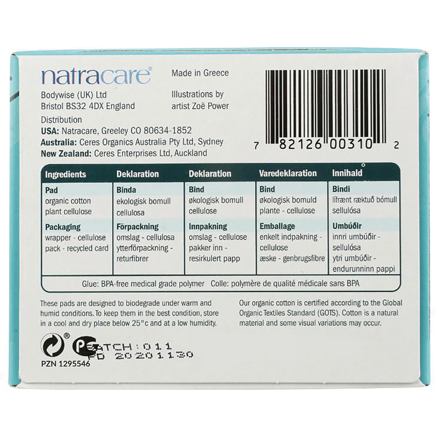 NCR010 | back of Natracare box showing ingredient table, barcode, distribution and manufacturing details