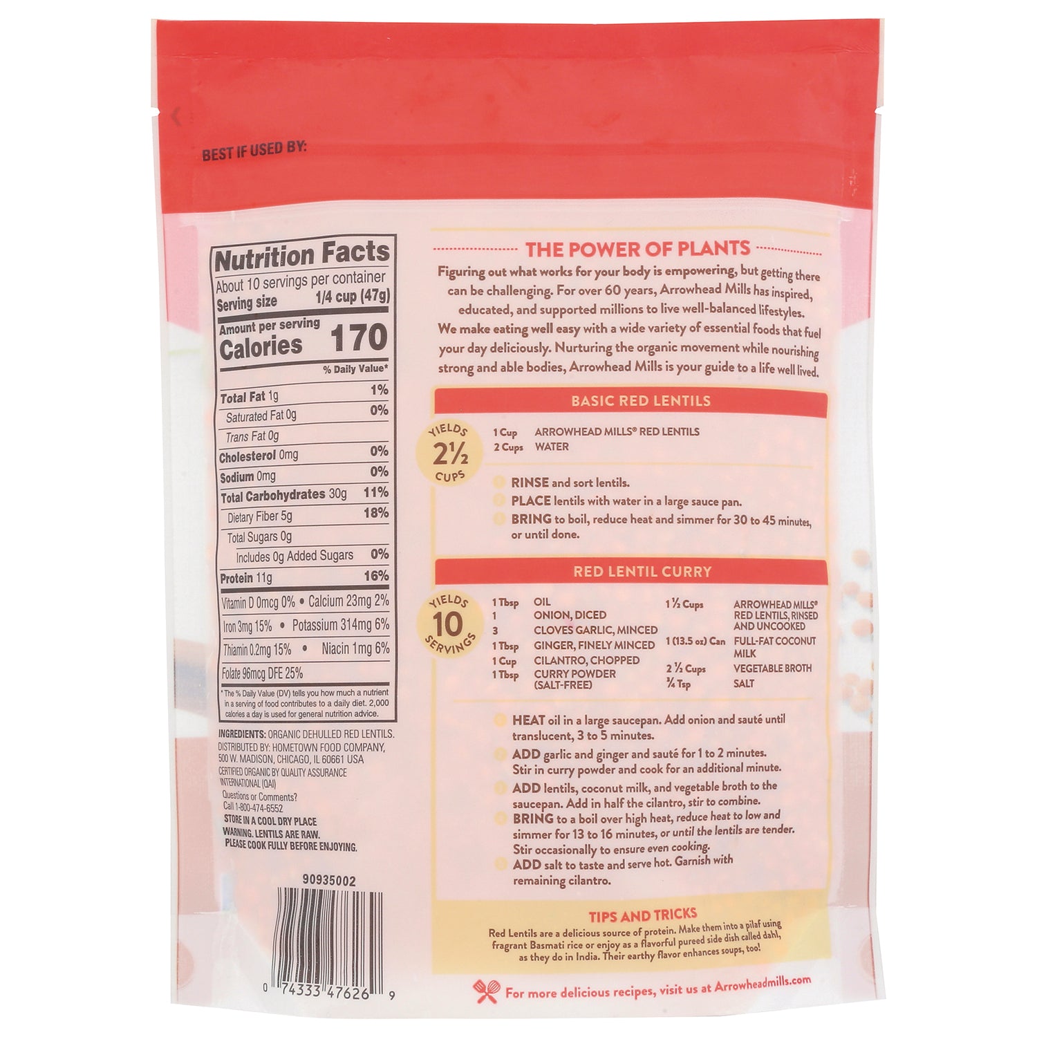AHM067 | Back of red lentils package showing Nutrition Facts, cooking instructions and barcode