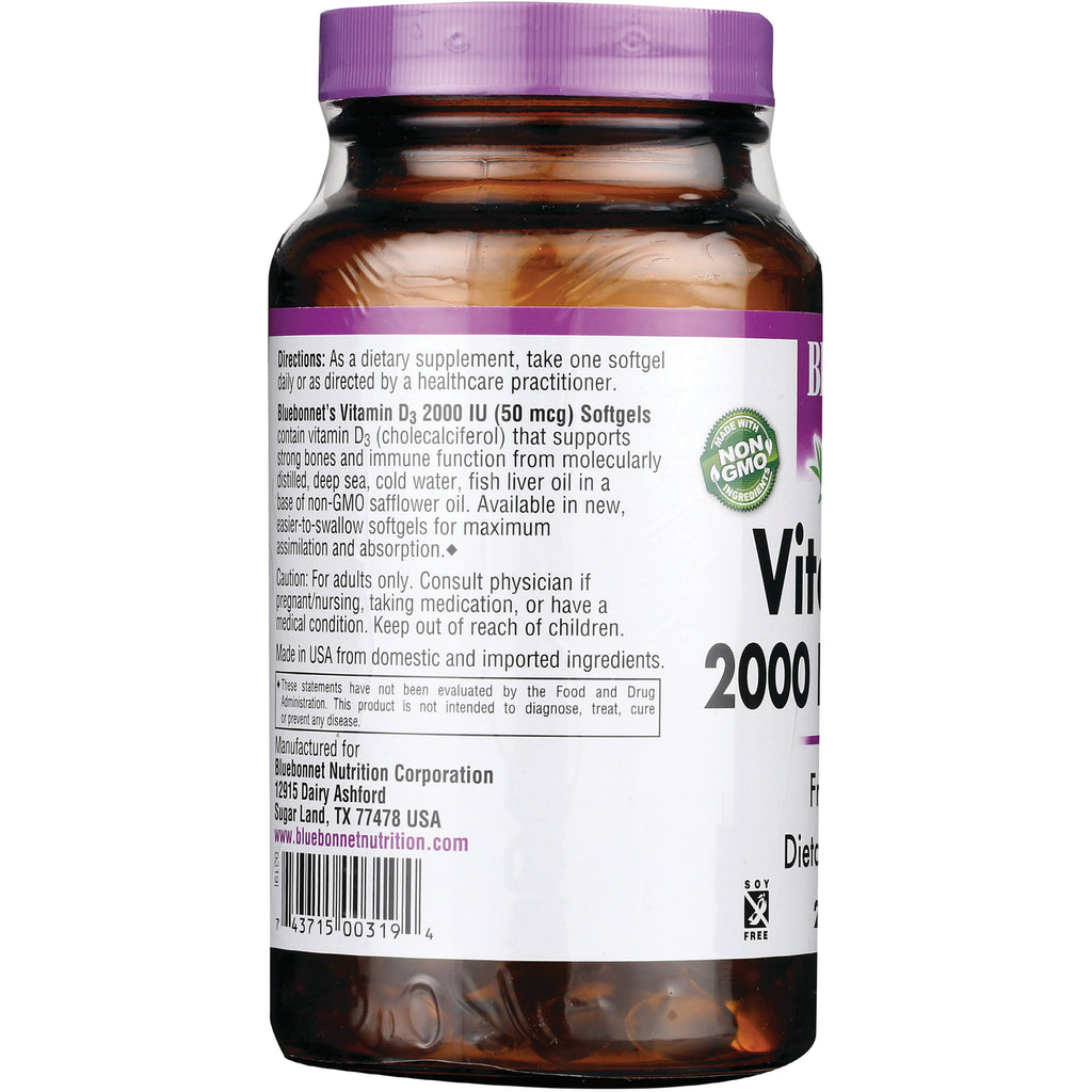 BLU126 | product infographic of Vitamin D3 2000 IU bottle back label showing directions, ingredients and barcode - Thumbnail