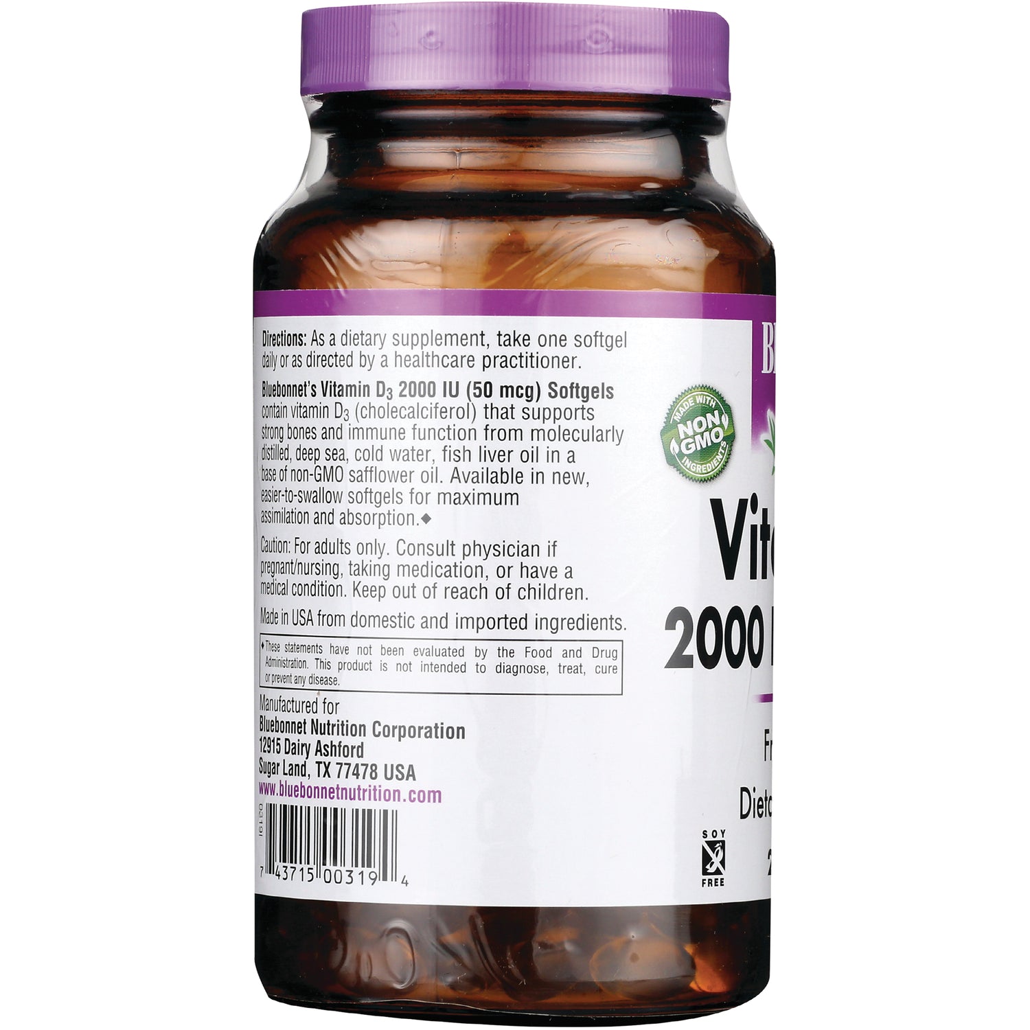 BLU126 | product infographic of Vitamin D3 2000 IU bottle back label showing directions, ingredients and barcode