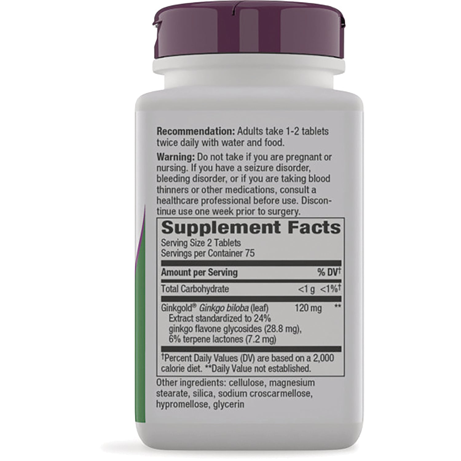 NW656 | Back label showing Supplement Facts panel, recommended dosage and warnings on white bottle
