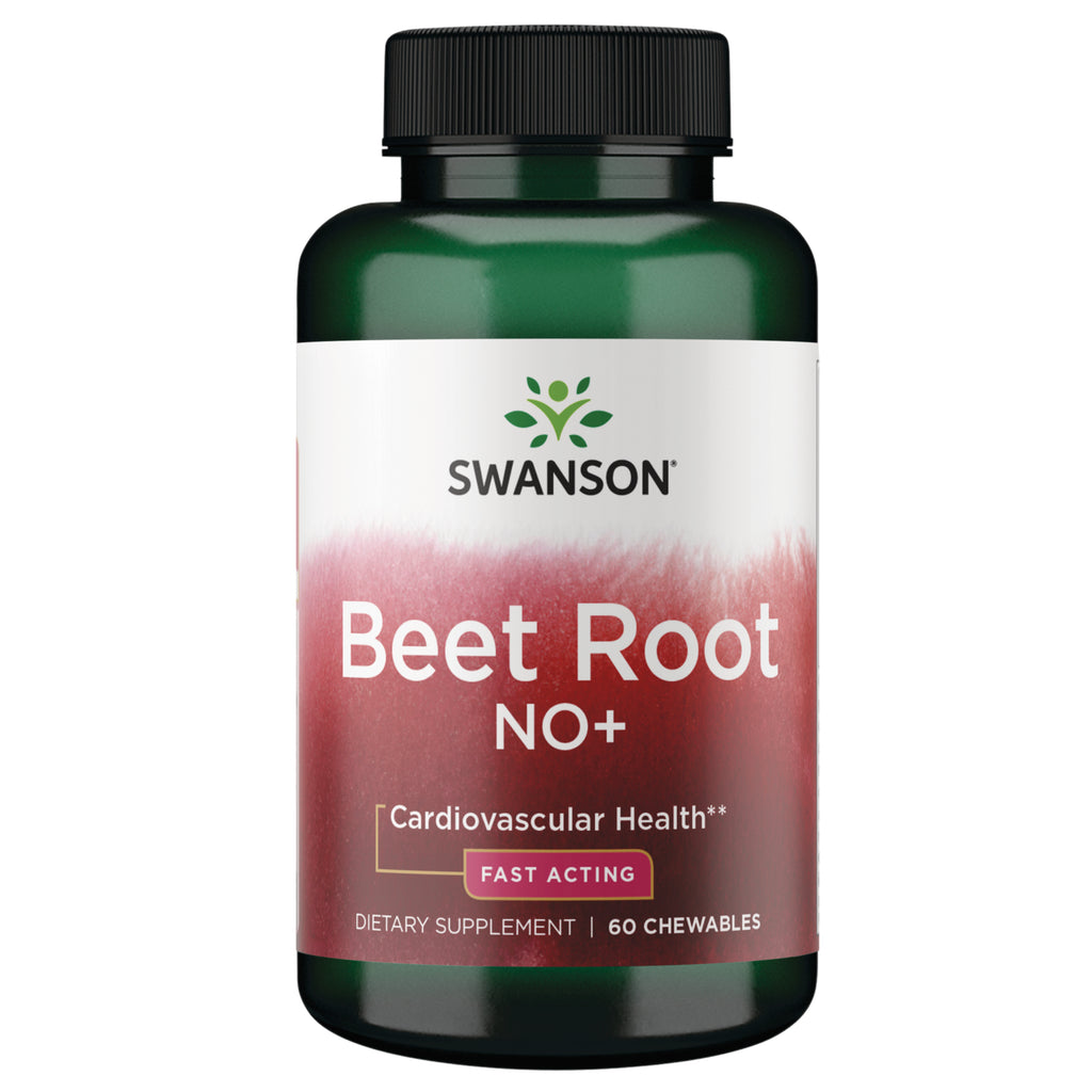 SWU1102 | Four Swanson Beet Root NO+ supplement bottles front label Cardiovascular Health 60 chewables || SWU1102 | Three Swanson Beet Root NO+ supplement bottles with front labels reading Beet Root NO+ Cardiovascular Health || SWU1102 | Two Swanson Beet Root NO+ supplement bottles showing front label Beet Root NO+ 60 chewables - Thumbnail