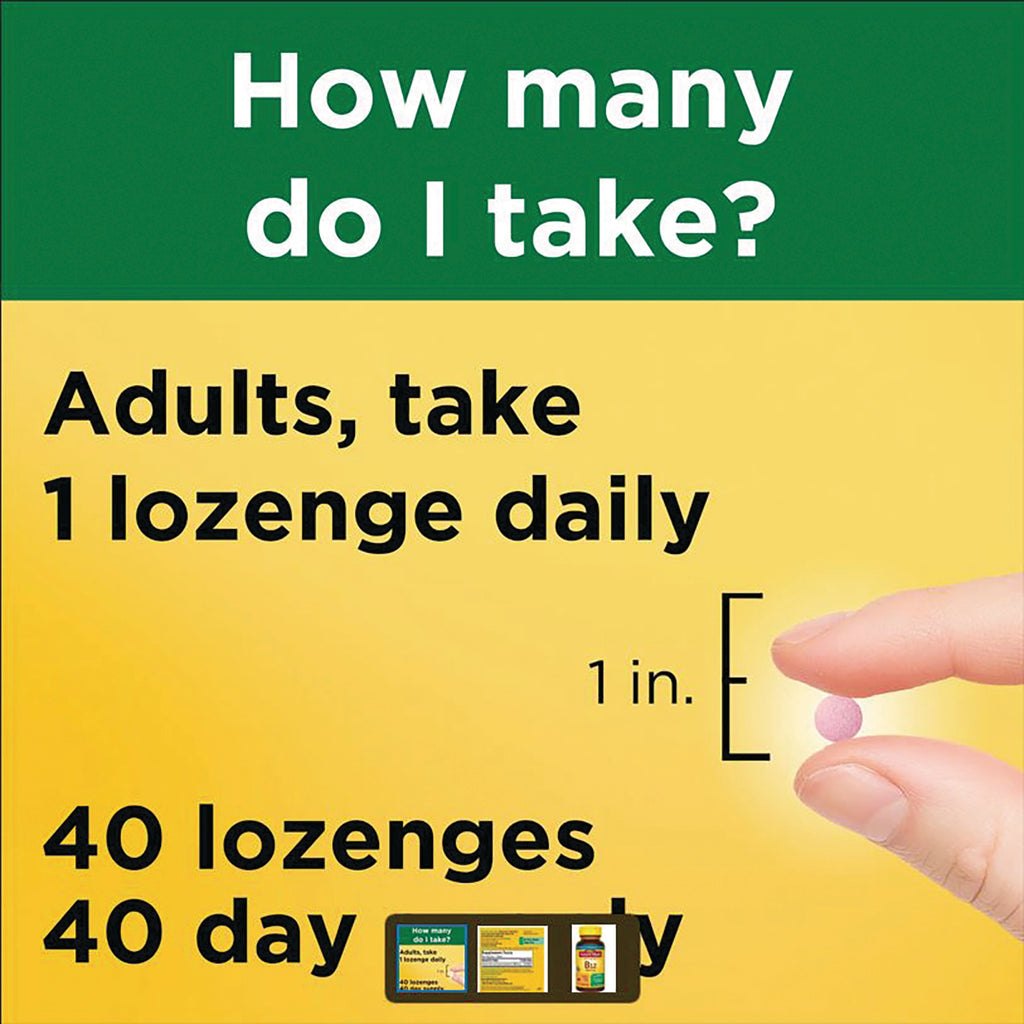 NTM048 | Back panel reading How many do I take? Adults, take 1 lozenge daily; hand pinching a small pink lozenge shown at 1 in, 40 lozenges 40 day supply - Thumbnail