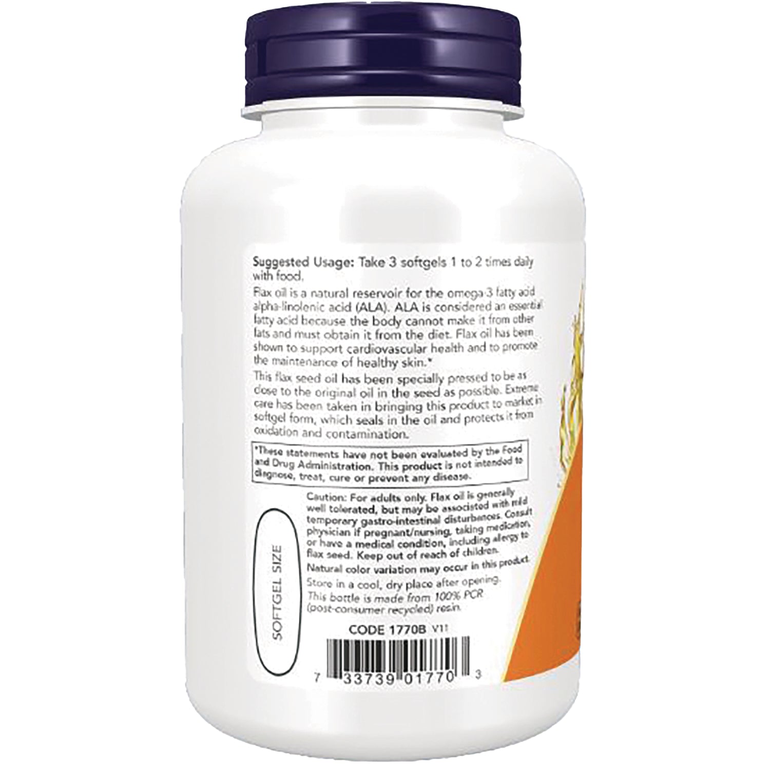 NWF078 | Back of white supplement bottle showing suggested usage, caution text, barcode and softgel size label