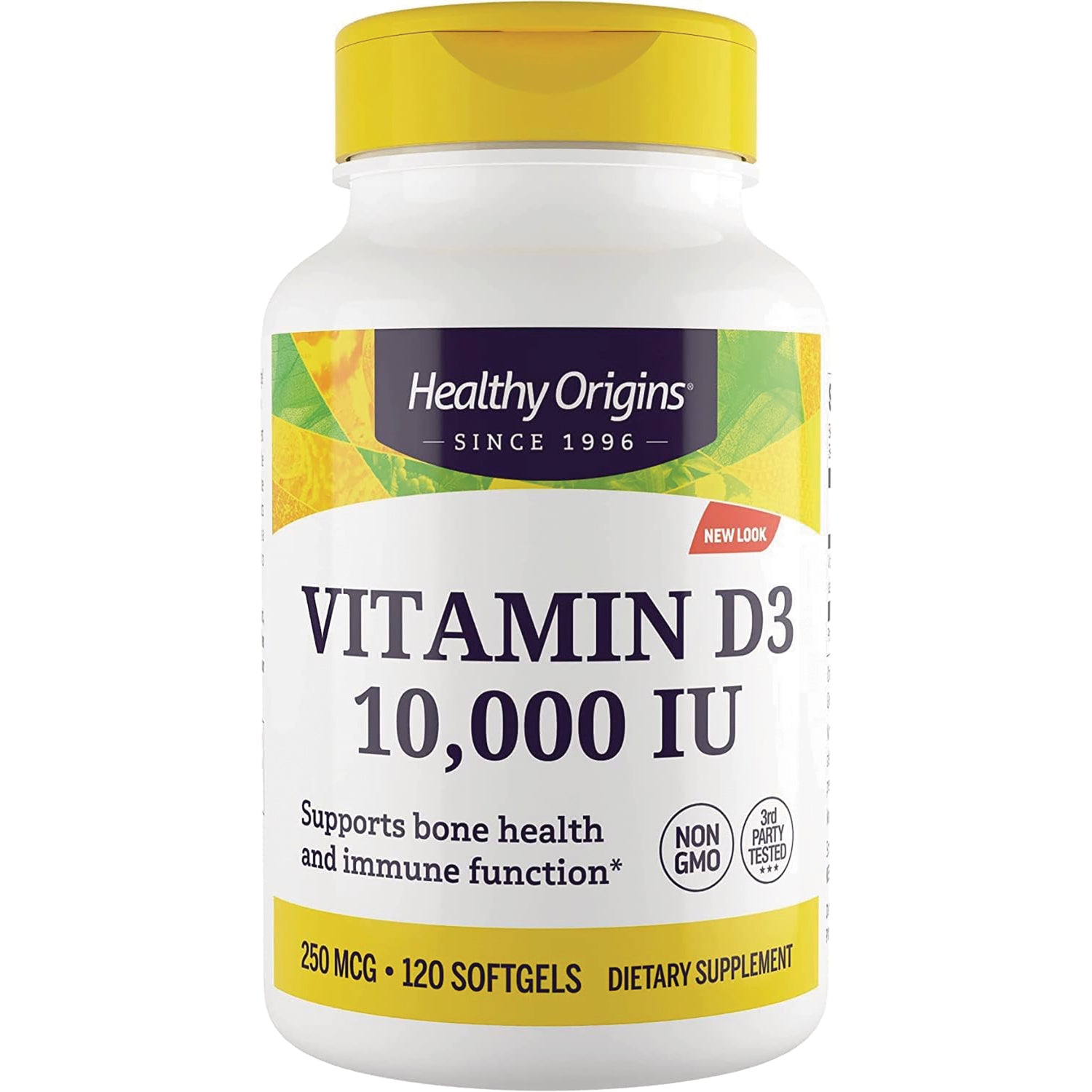 HRG072 | Healthy Origins Vitamin D3 10,000 IU white bottle with yellow cap, front label showing 120 softgels