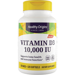 HRG072 | Healthy Origins Vitamin D3 10,000 IU white bottle with yellow cap, front label showing 120 softgels