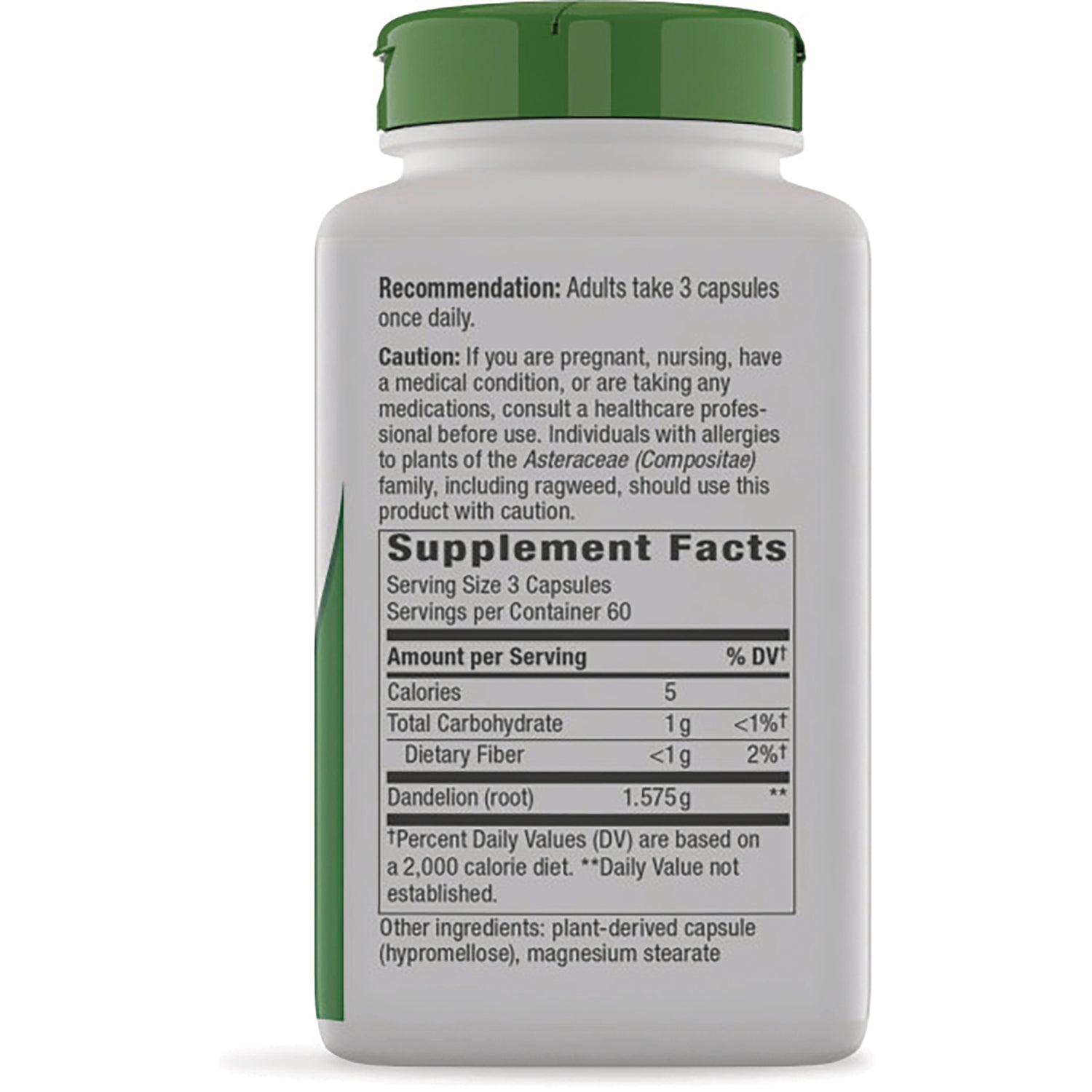 NW767 | Back of white supplement bottle showing Supplement Facts label, serving size and caution text