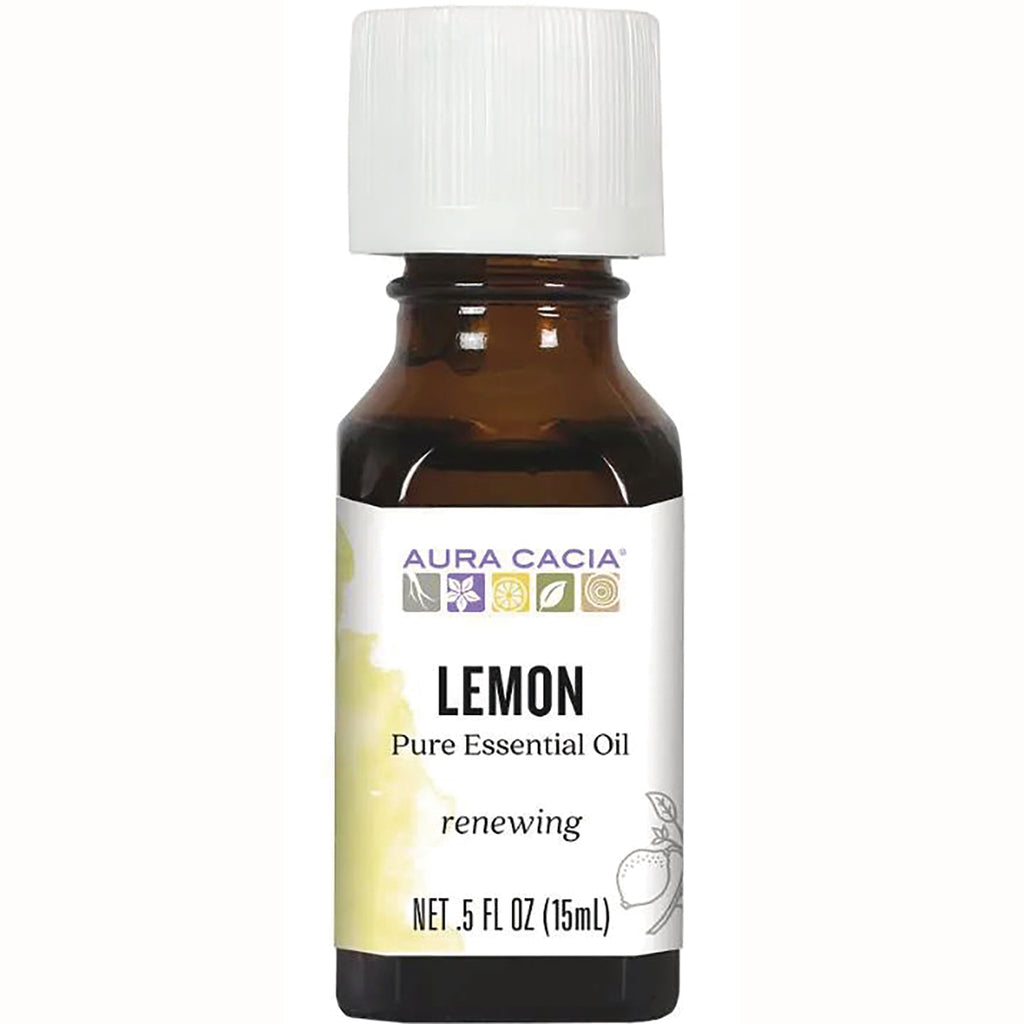 ARC004 | Amber glass bottle with white cap labeled AURA CACIA Lemon Pure Essential Oil, renewing, 0.5 fl oz (15 mL) - Thumbnail