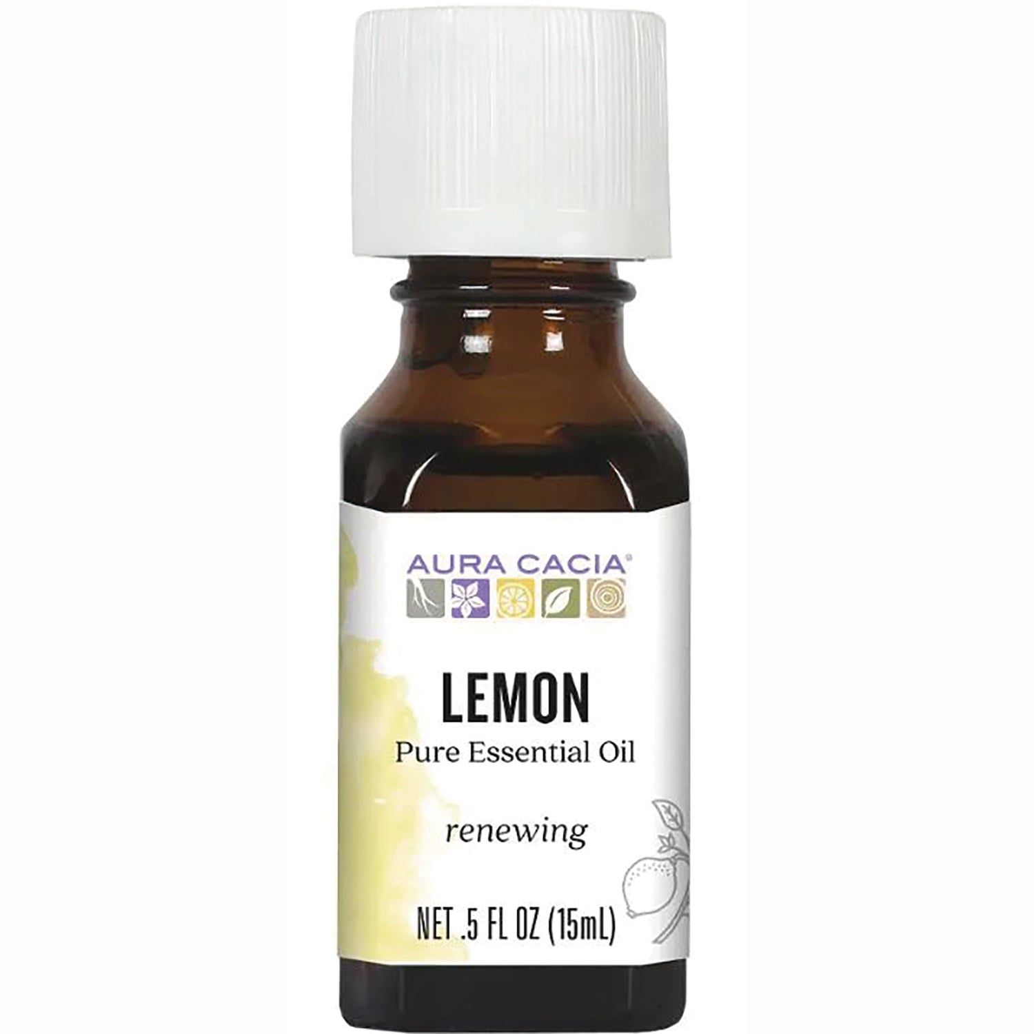 ARC004 | Amber glass bottle with white cap labeled AURA CACIA Lemon Pure Essential Oil, renewing, 0.5 fl oz (15 mL)