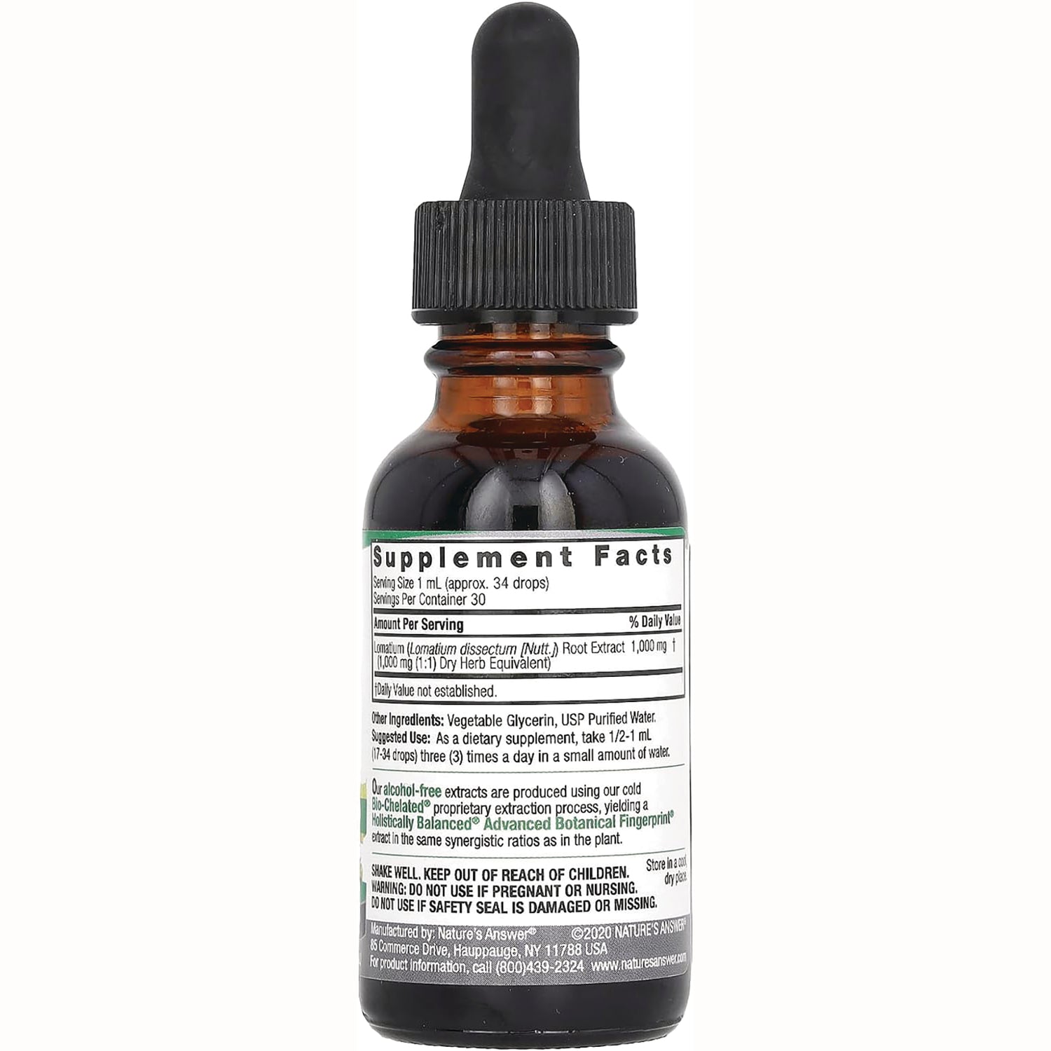 NAT274 | brown glass dropper bottle back showing Supplement Facts label and ingredient and warning text