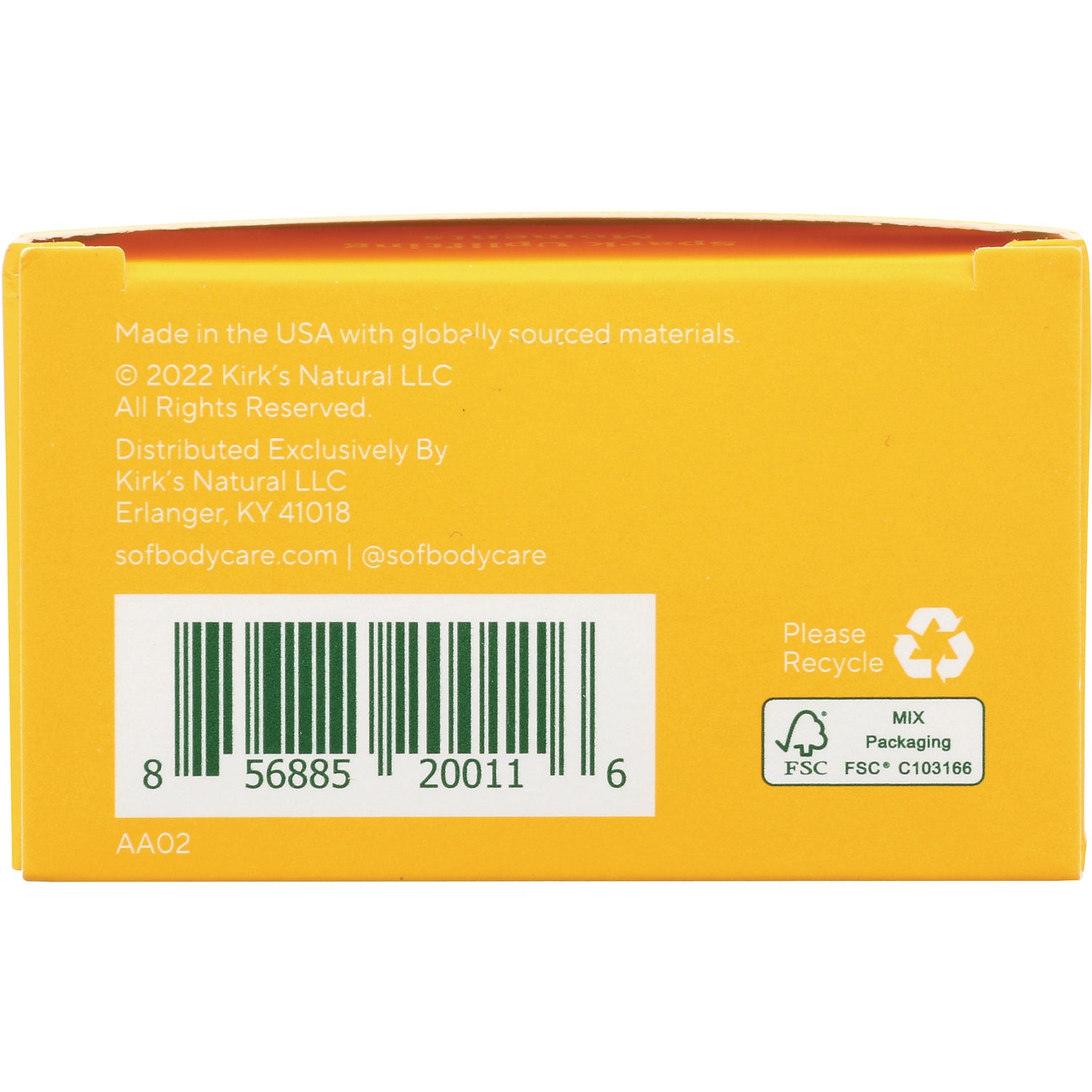SOF014 | Back of SOF Bodycare box with barcode, Please Recycle icon, and FSC Mix Packaging label