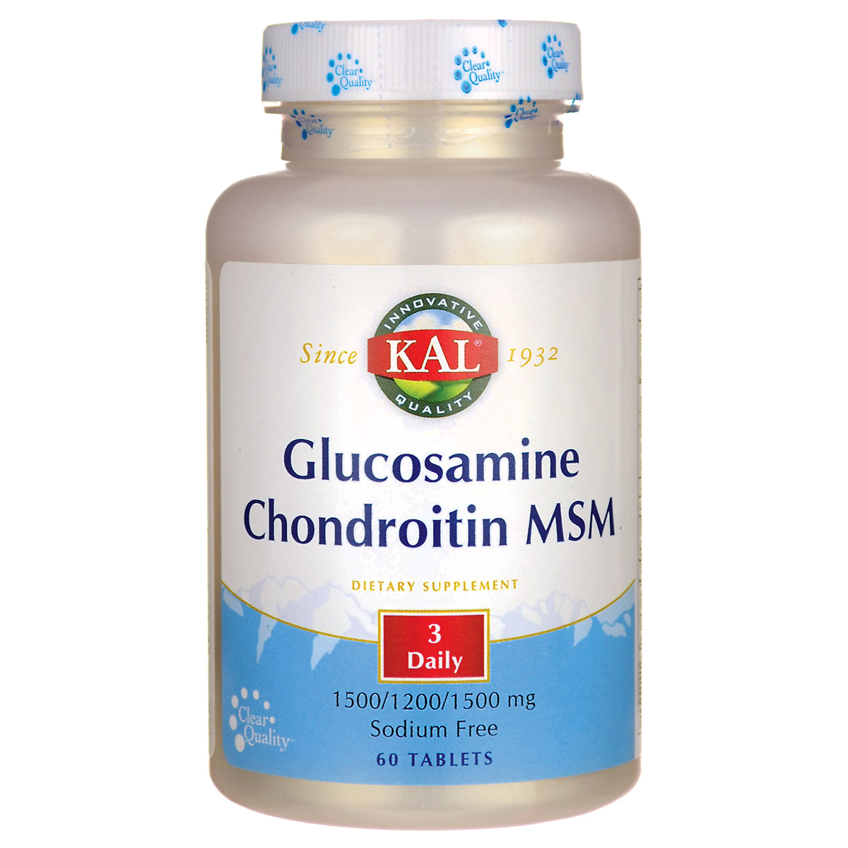KAL Glucosamine Chondroitin MSM dietary supplement bottle labeled 60 tablets 3 Daily sodium free