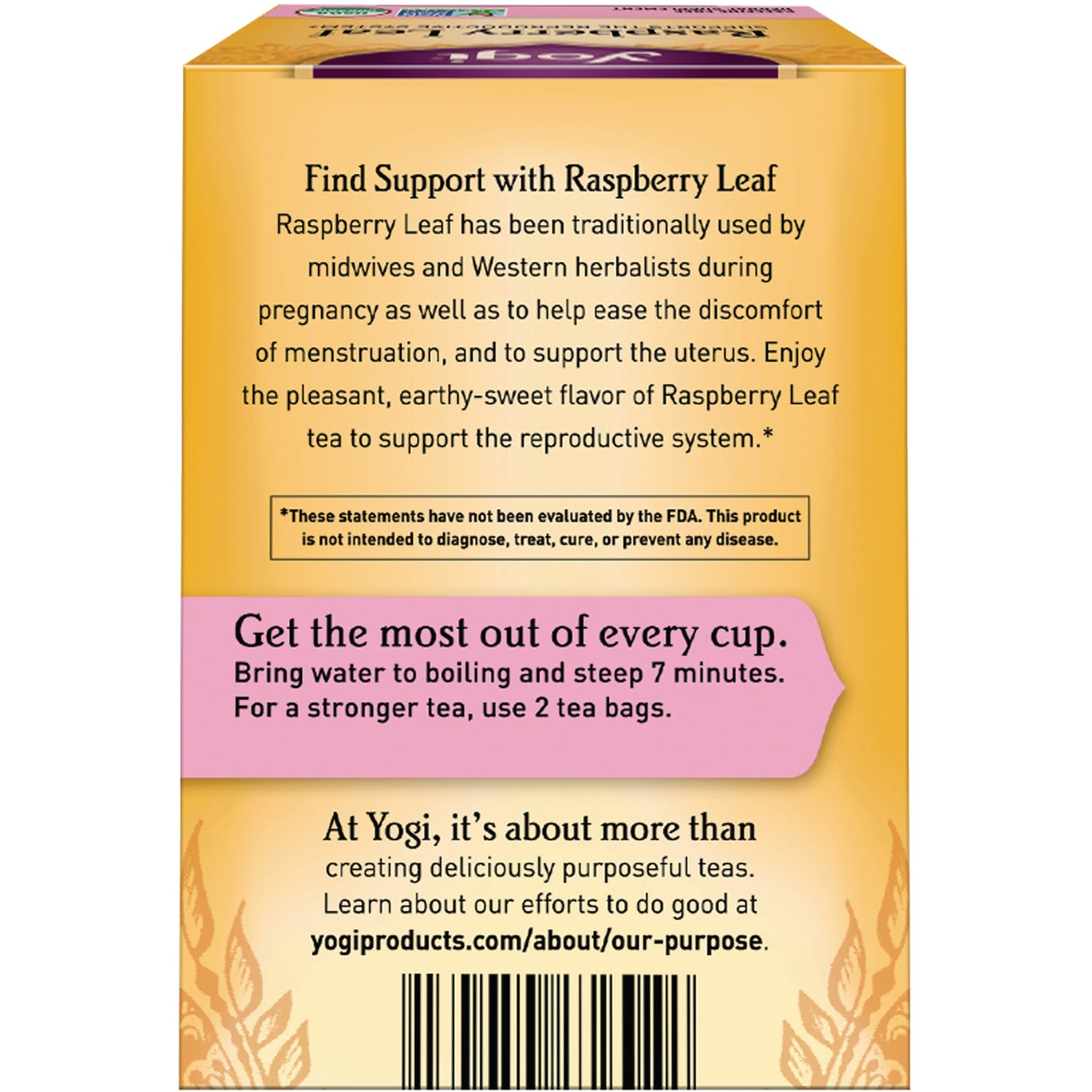 AHW004 | Back panel: Raspberry Leaf product description, steeping instructions 'steep 7 minutes' and barcode