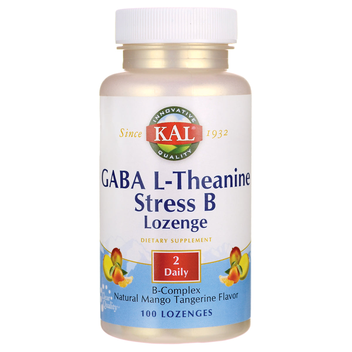 KL541 | KAL GABA L-Theanine Stress B lozenge bottle, natural mango tangerine flavor, 100 lozenges