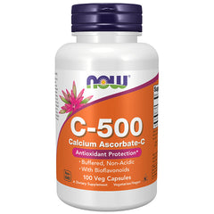 NWF592 | NOW C-500 Calcium Ascorbate-C supplement bottle with orange label, 100 veg capsules