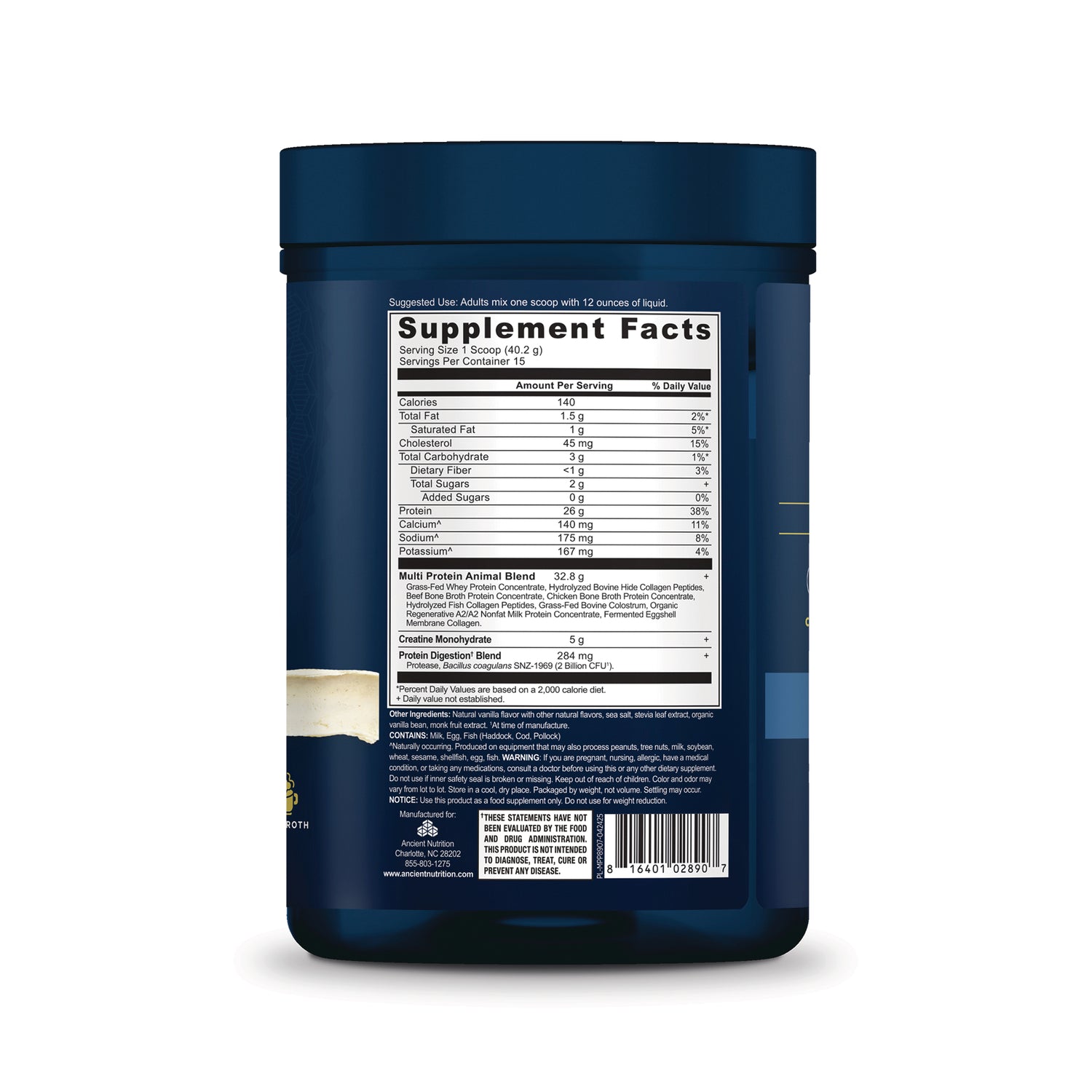 ATN153 | Supplement Facts panel on a dark blue Ancient Nutrition protein powder container