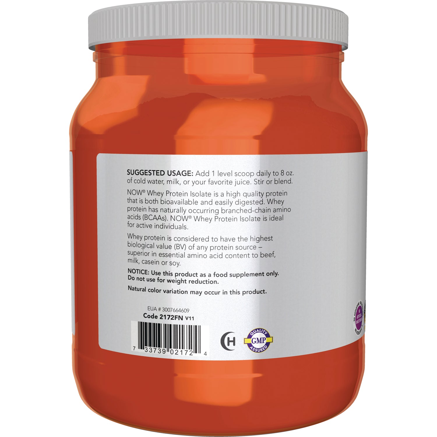 NWF916 | Back of orange supplement jar showing suggested usage text, barcode, and GMP seal