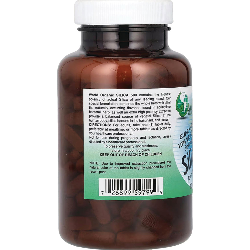 WOG013 | Back label of World Organic Silica 500 tablets bottle with directions and barcode - Thumbnail