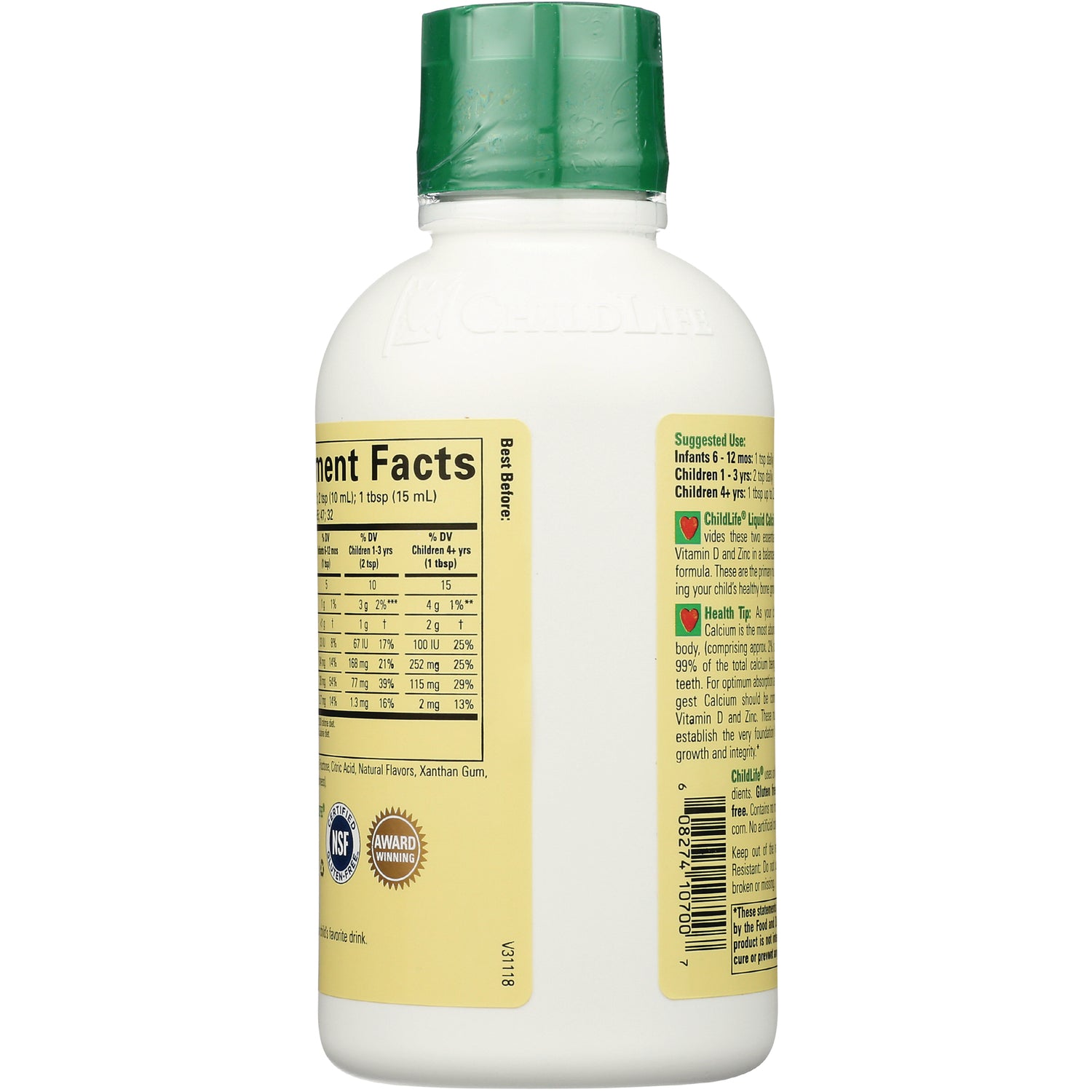CHL001 | Back of white supplement bottle with green cap showing Supplement Facts and ingredient panels