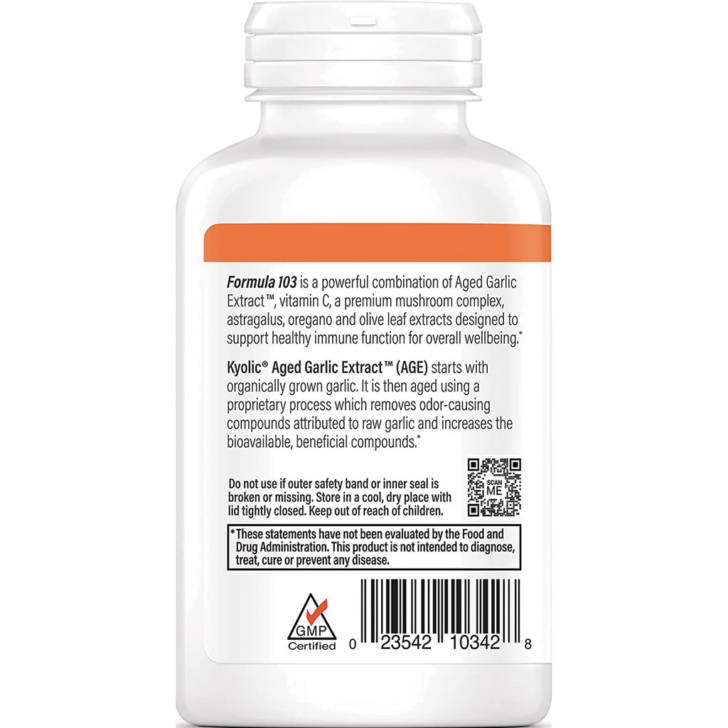 KY022 | back label of white supplement bottle showing Formula 103 ingredient description, warnings and barcode - Thumbnail
