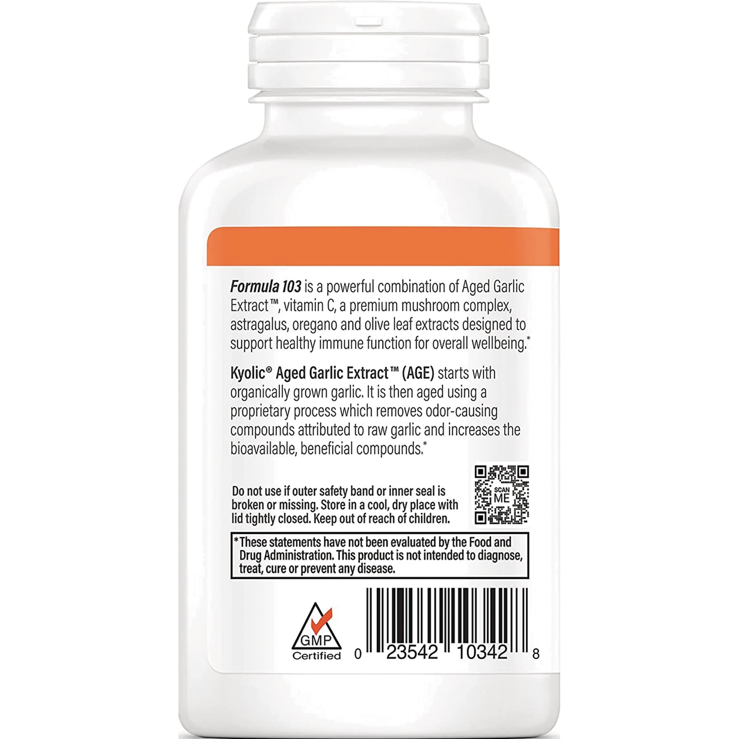 KY022 | back label of white supplement bottle showing Formula 103 ingredient description, warnings and barcode