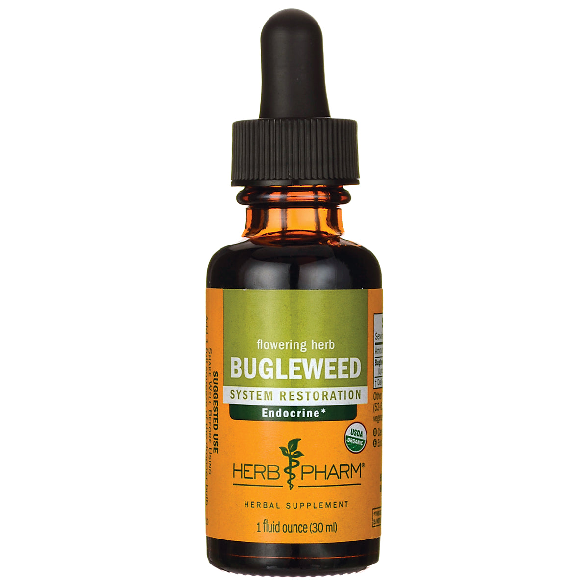 HPH086 | Brown glass dropper bottle labeled BUGLEWEED system restoration herbal supplement, 1 fluid ounce