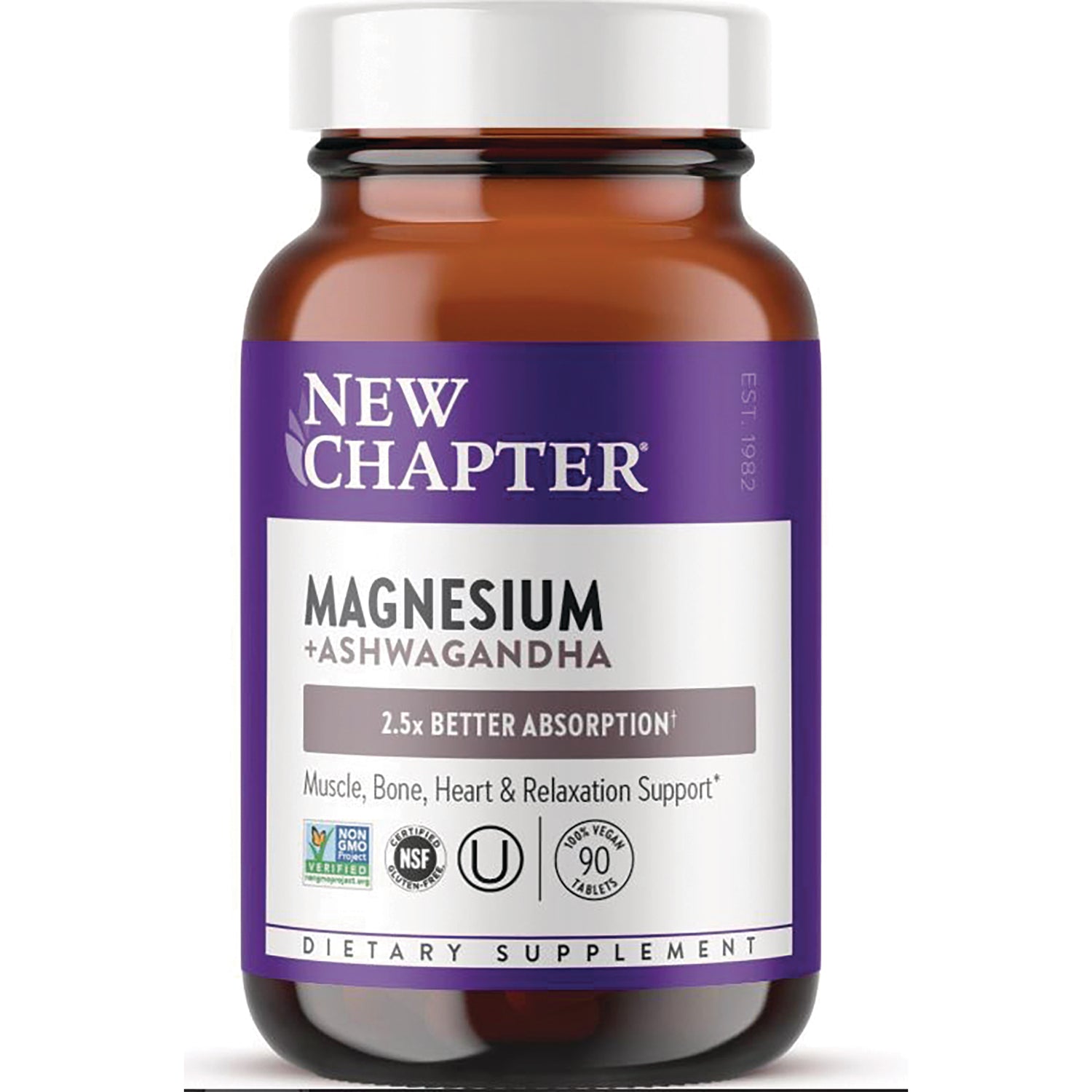 NWC388 | New Chapter Magnesium + Ashwagandha supplement bottle front label, 90 tablets