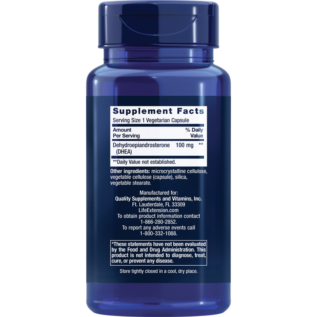LE324 | Back label of blue supplement bottle showing Supplement Facts with DHEA 100 mg and ingredients - Thumbnail