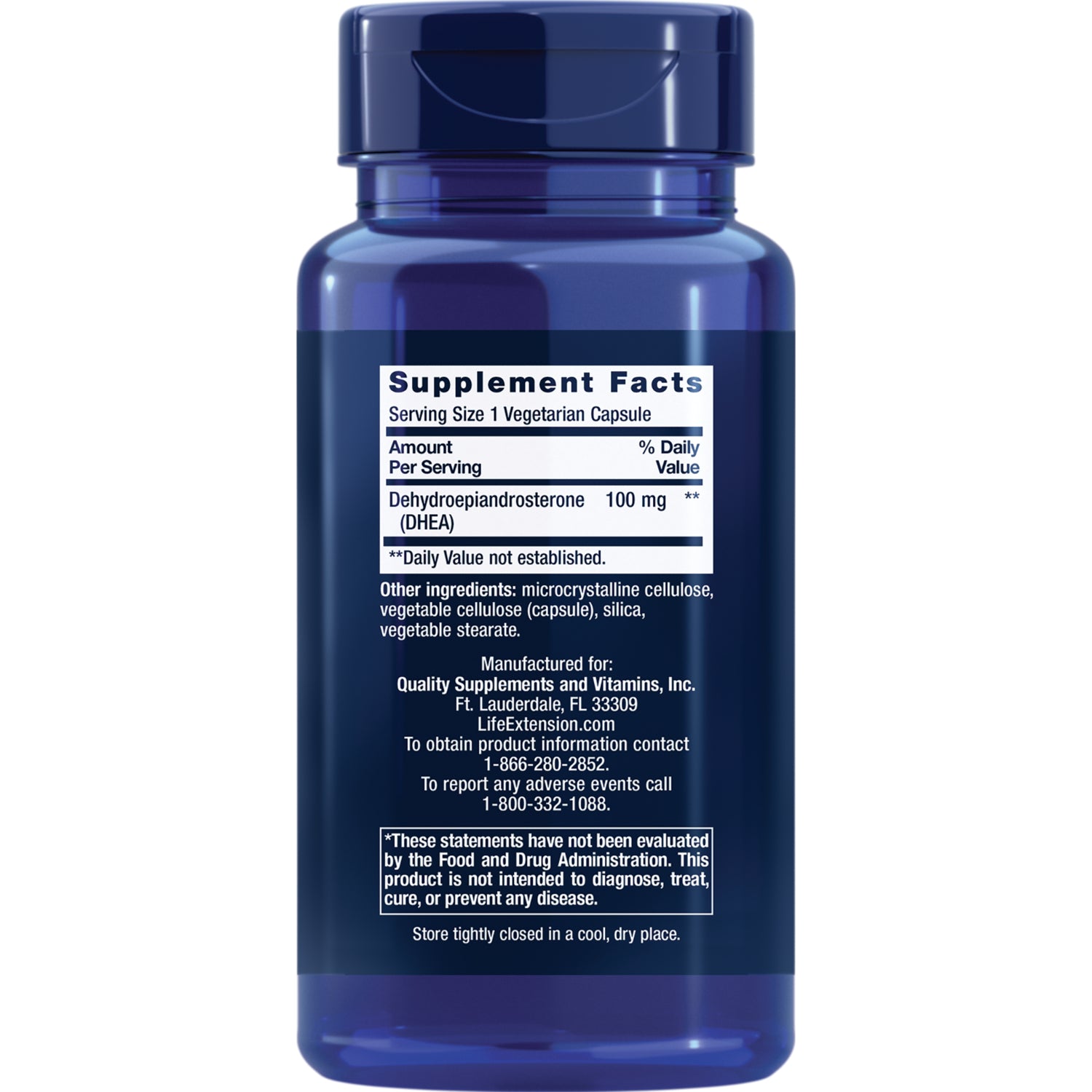 LE324 | Back label of blue supplement bottle showing Supplement Facts with DHEA 100 mg and ingredients