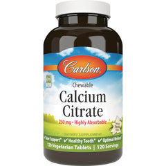 Carlson chewable Calcium Citrate 250 mg dietary supplement bottle, 120 vegetarian tablets, natural vanilla flavor