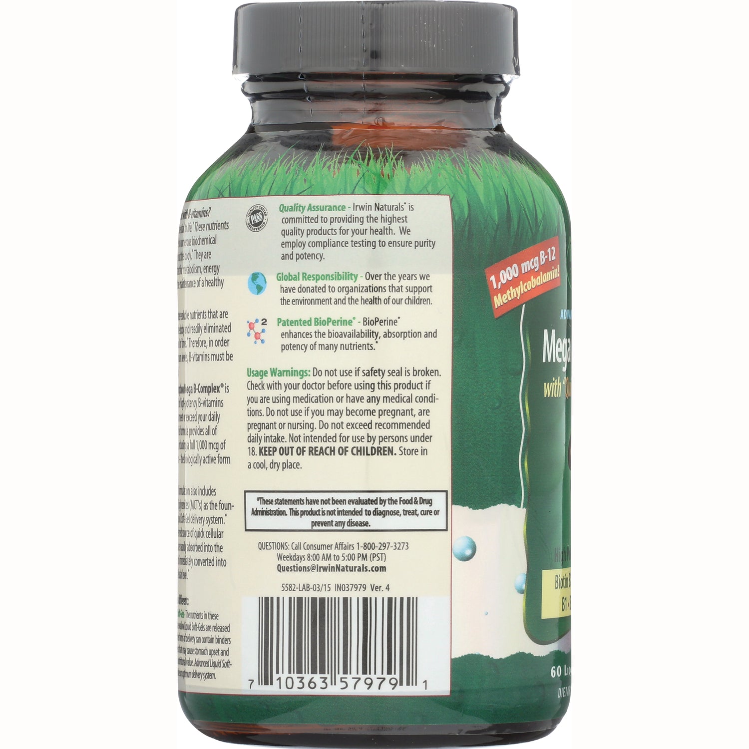 IR087 | Back label of supplement bottle showing usage warnings, quality assurance text and barcode