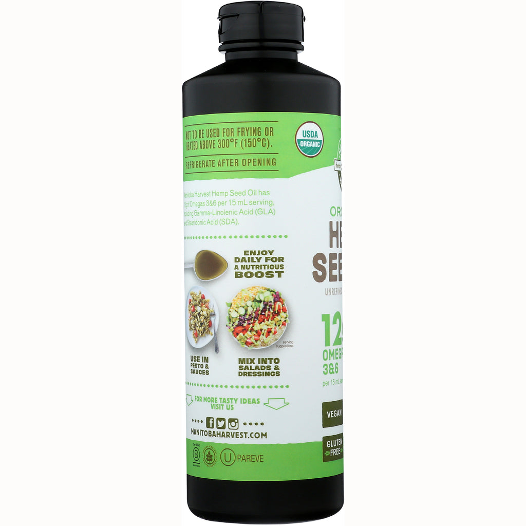 MAN009 | side label infographic on hemp seed oil bottle showing usage suggestions and serving images - Thumbnail